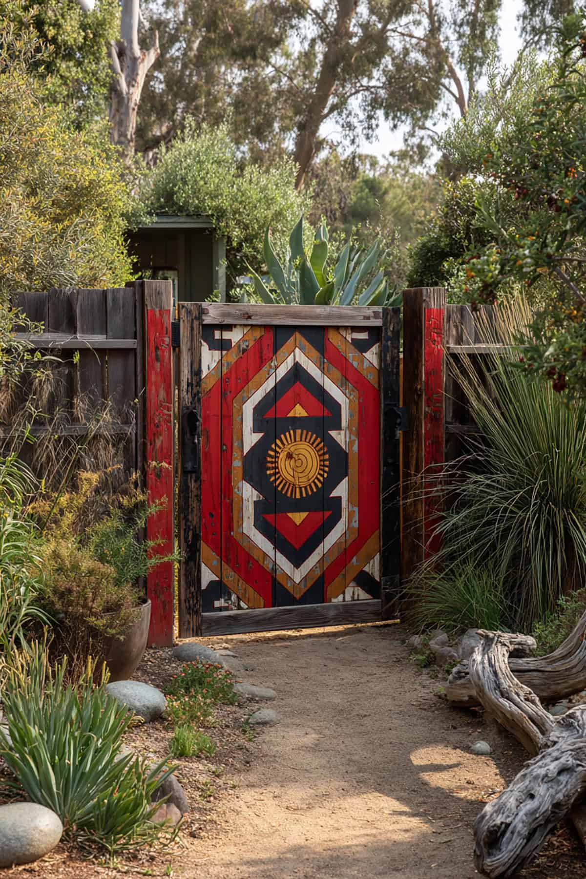 Painted Tribal Wooden Gate With Sun Motif