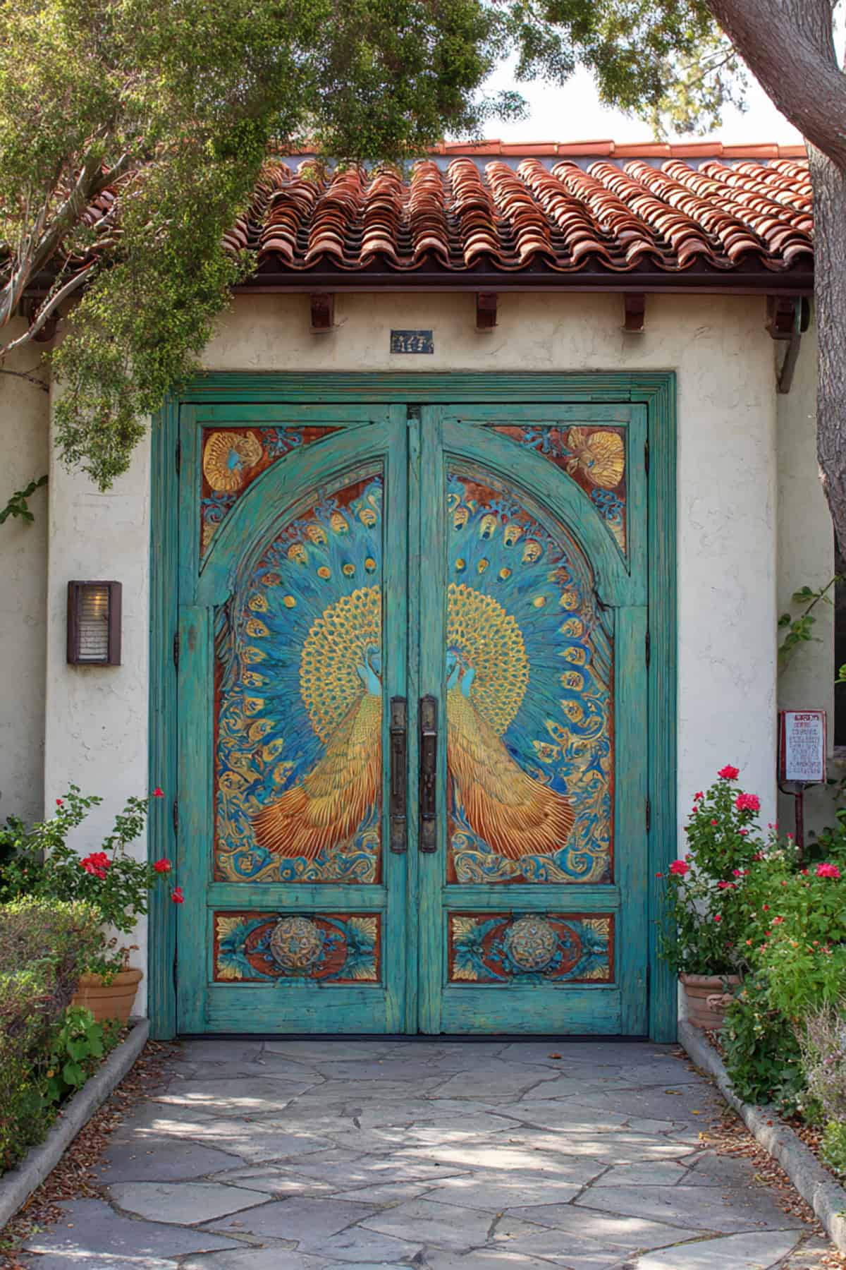 Peacock Carved Teal Double Doors