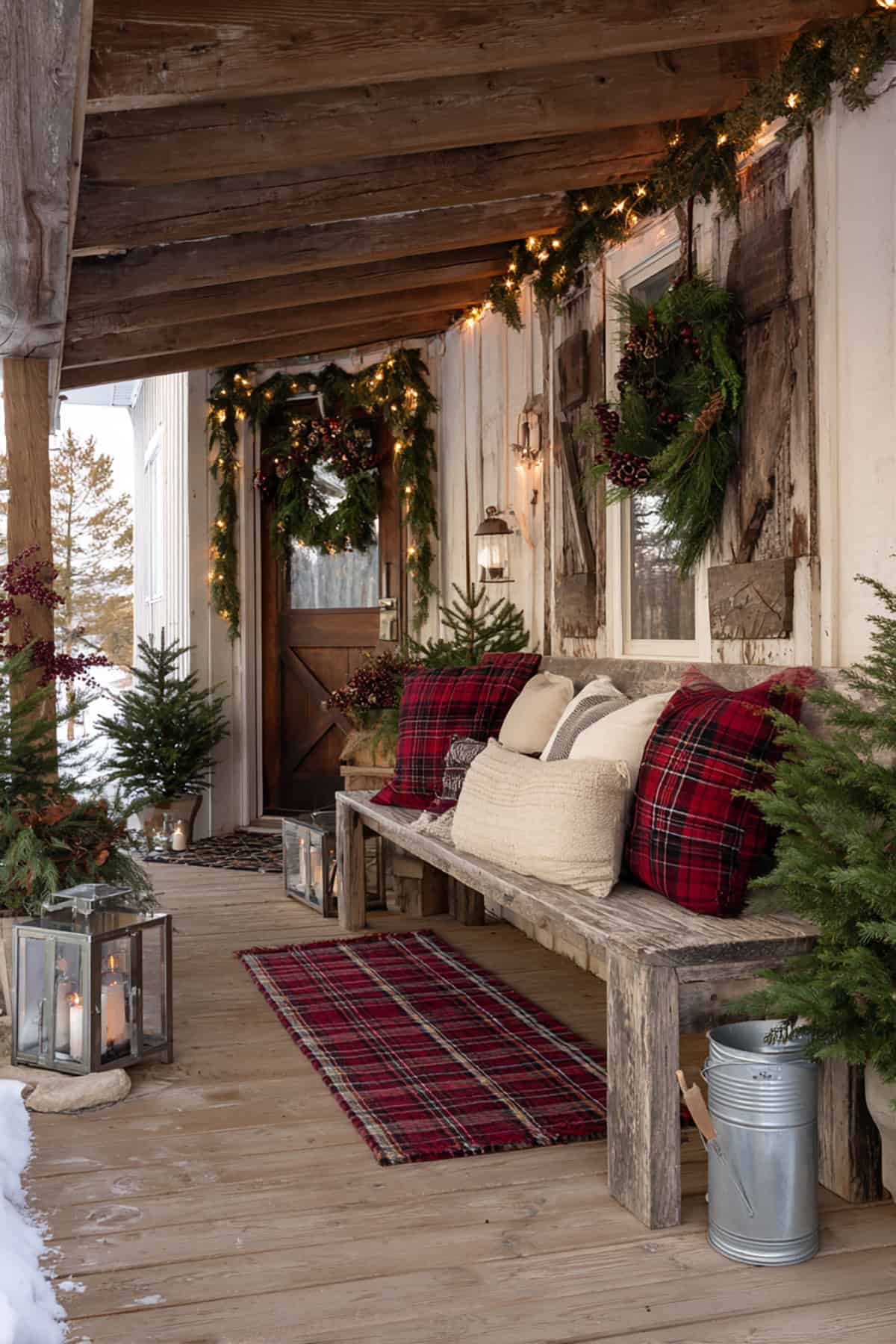 Plaid Bench on a Farmhouse Porch