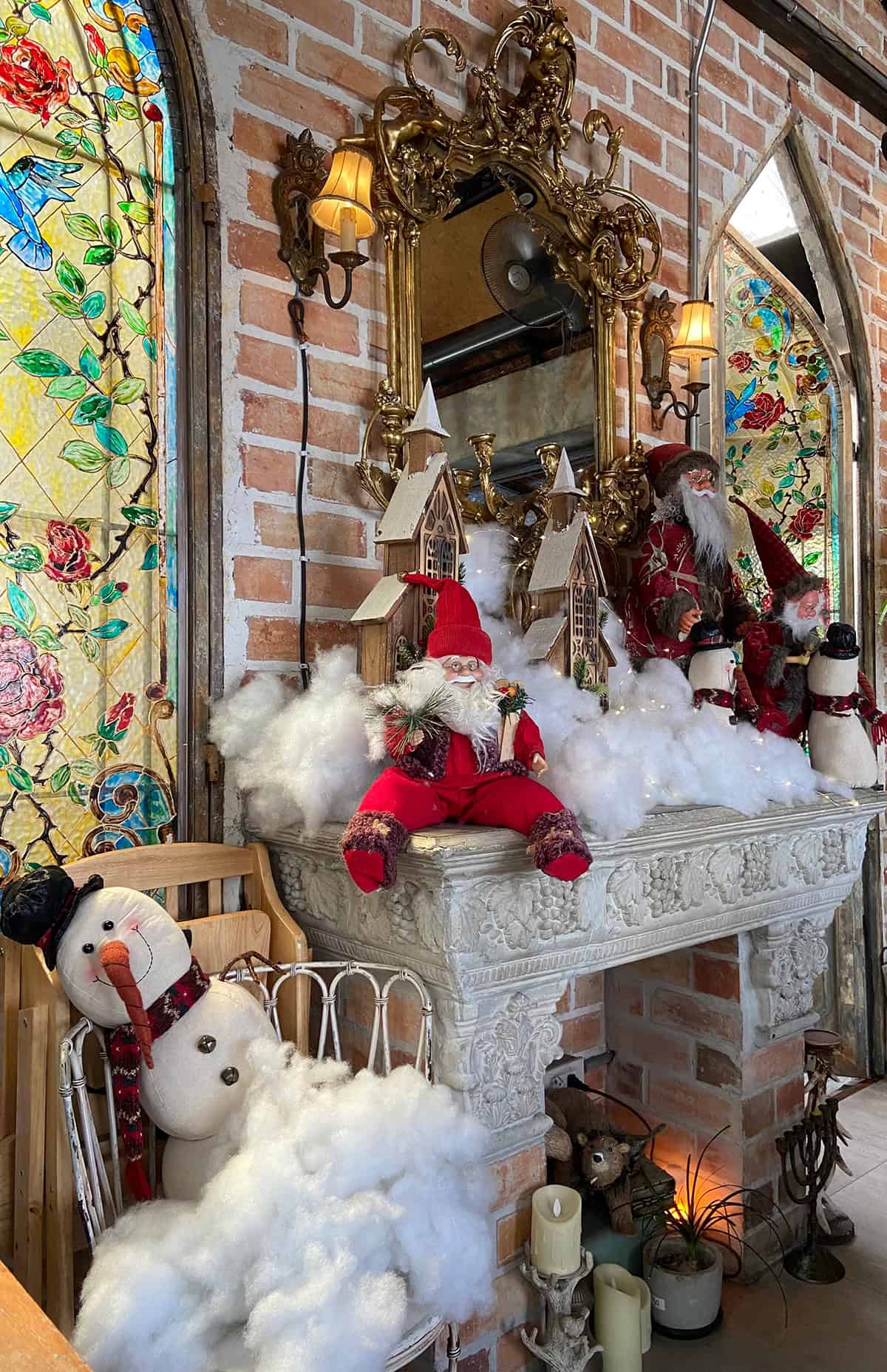 Playful Santa Mantel with Snowman and Stained Glass