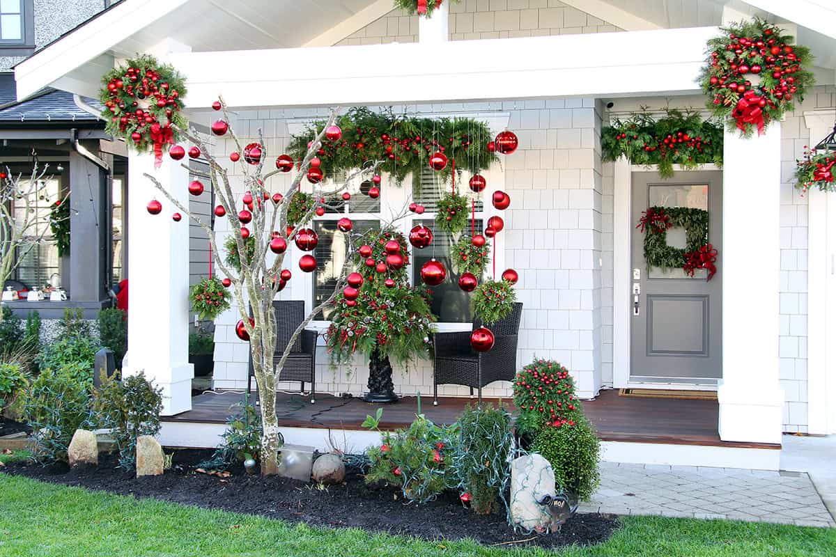 Red Baubles on Bare Branches Out Front