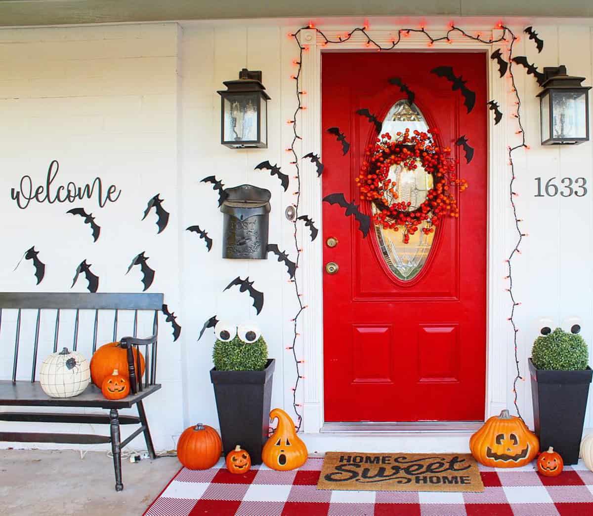Red Door with Bats and Pumpkins