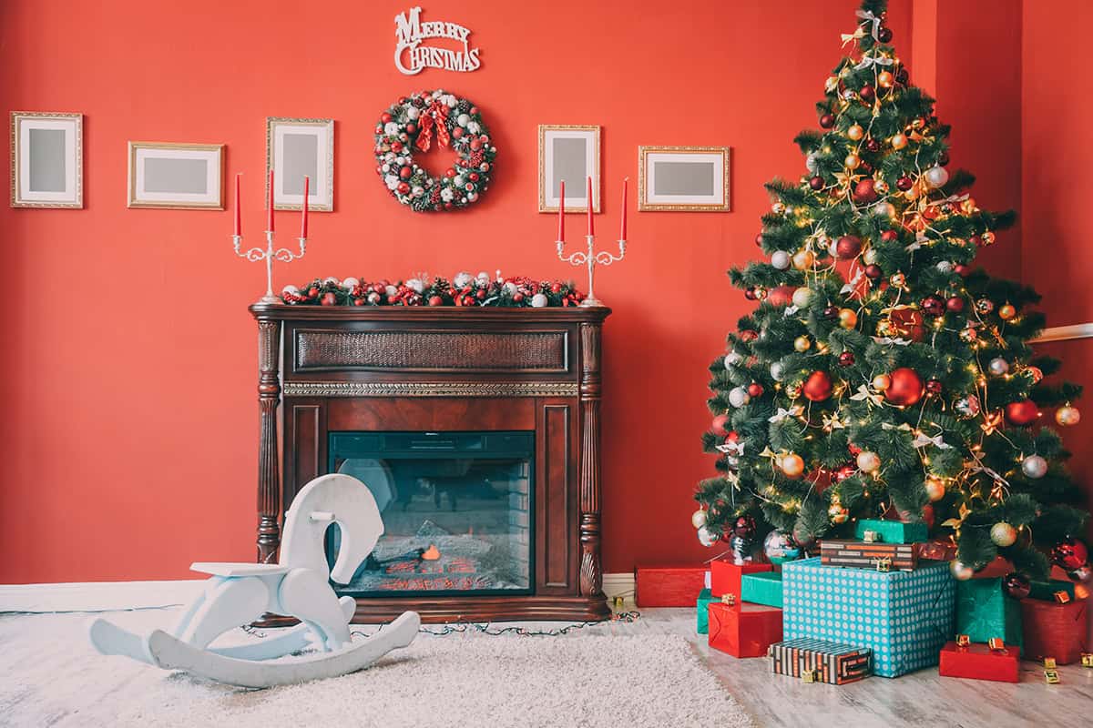 Red Wall with Traditional Mantel Scene