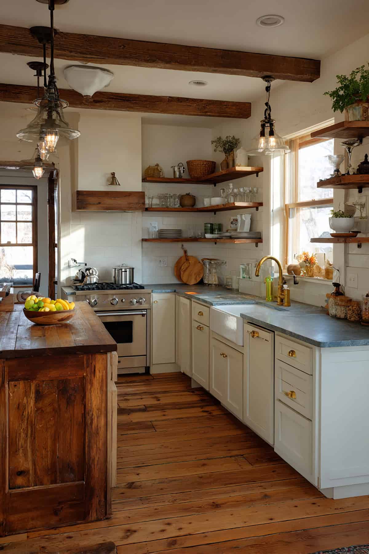 Rustic Farmhouse Small L Shaped Kitchen with Block Islan