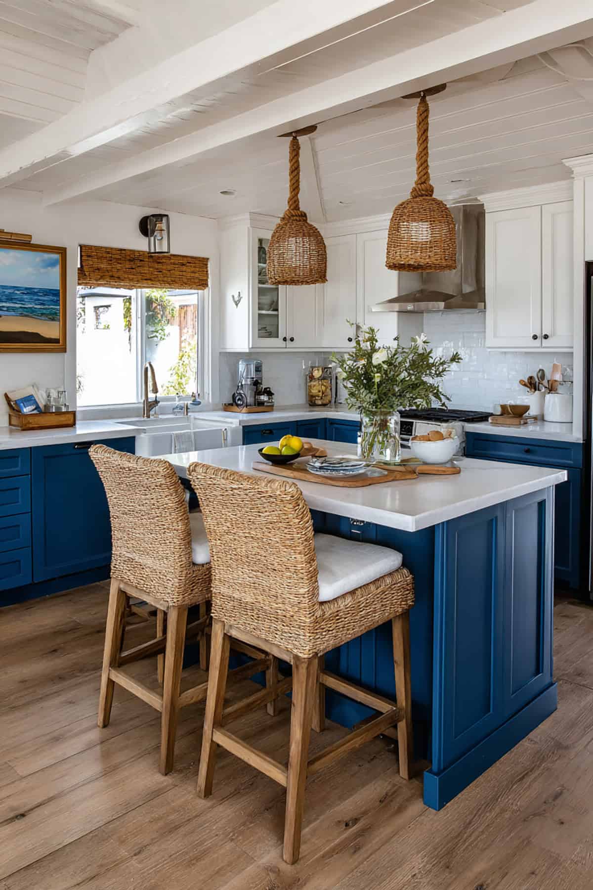 Small Coastal Blue L Shaped Kitchen with Breakfast Nook Island