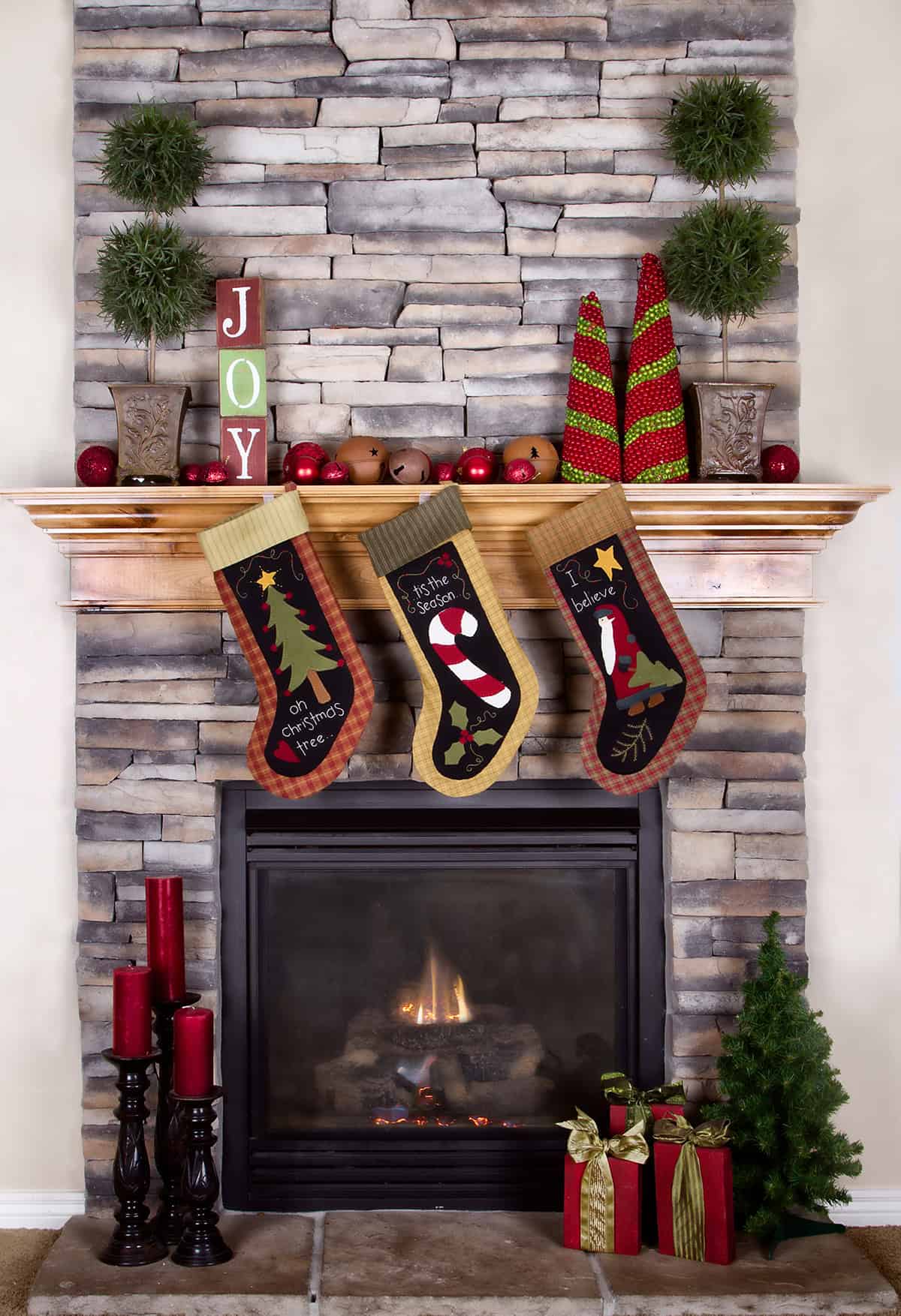Stone Mantel with Playful Stockings
