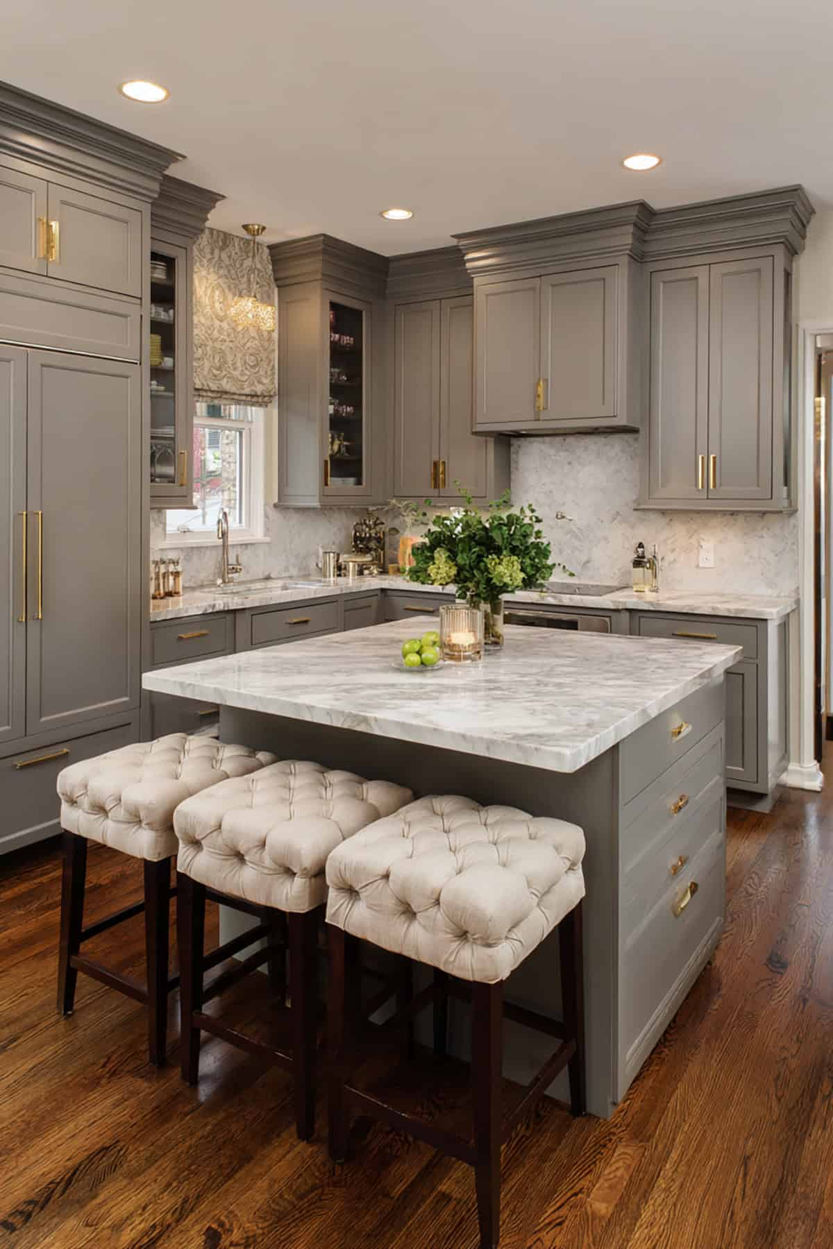 Transitional Gray L Shaped Kitchen with Upholstered Island Seating