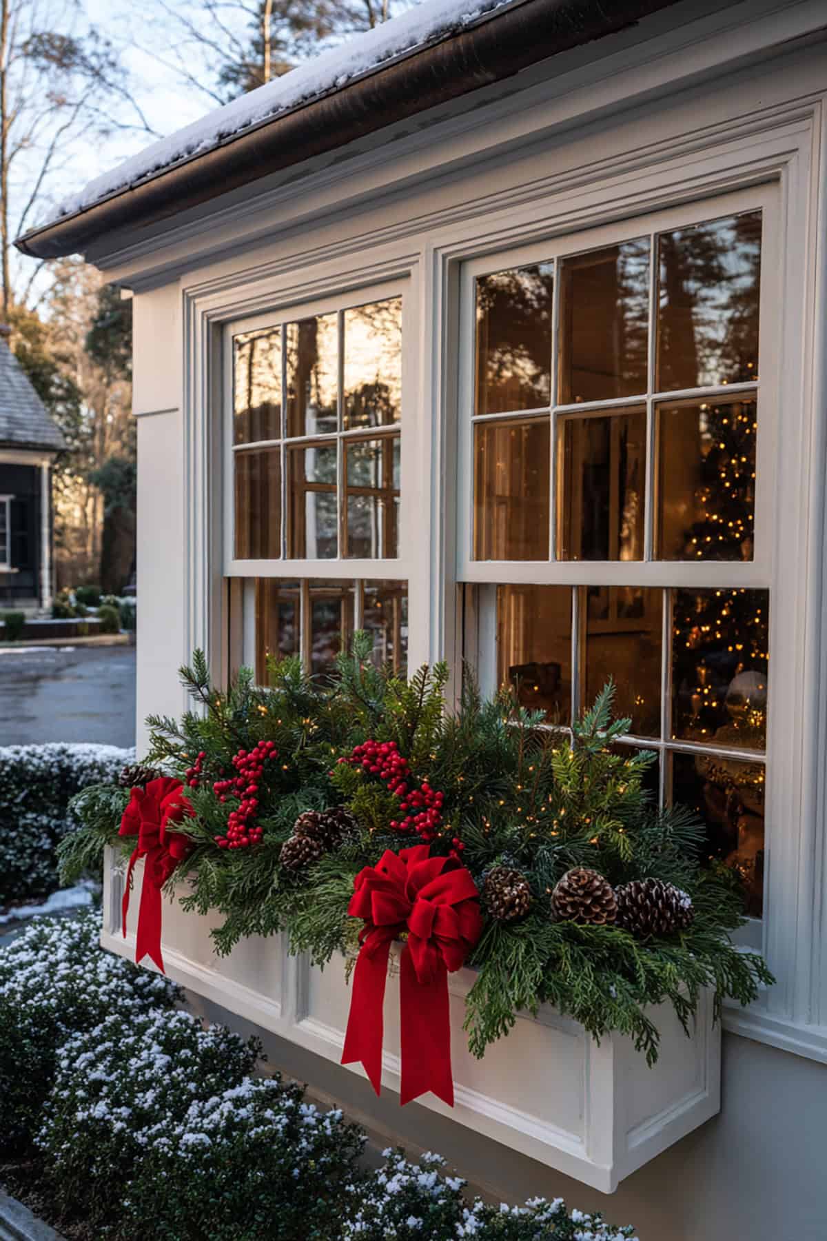 Classic Evergreen and Red Bow Window Box