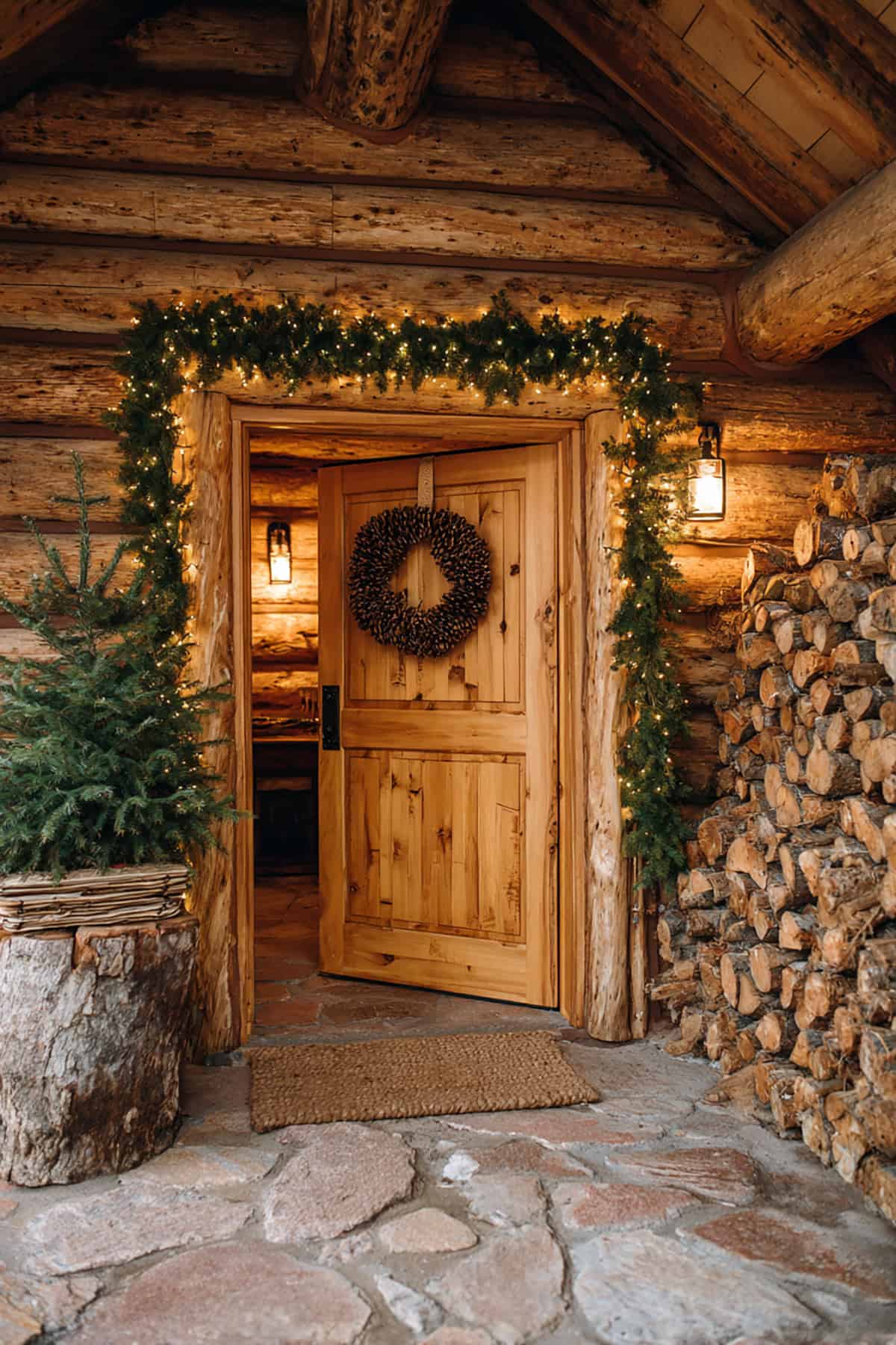 Cozy Cabin Door with Firewood Decor