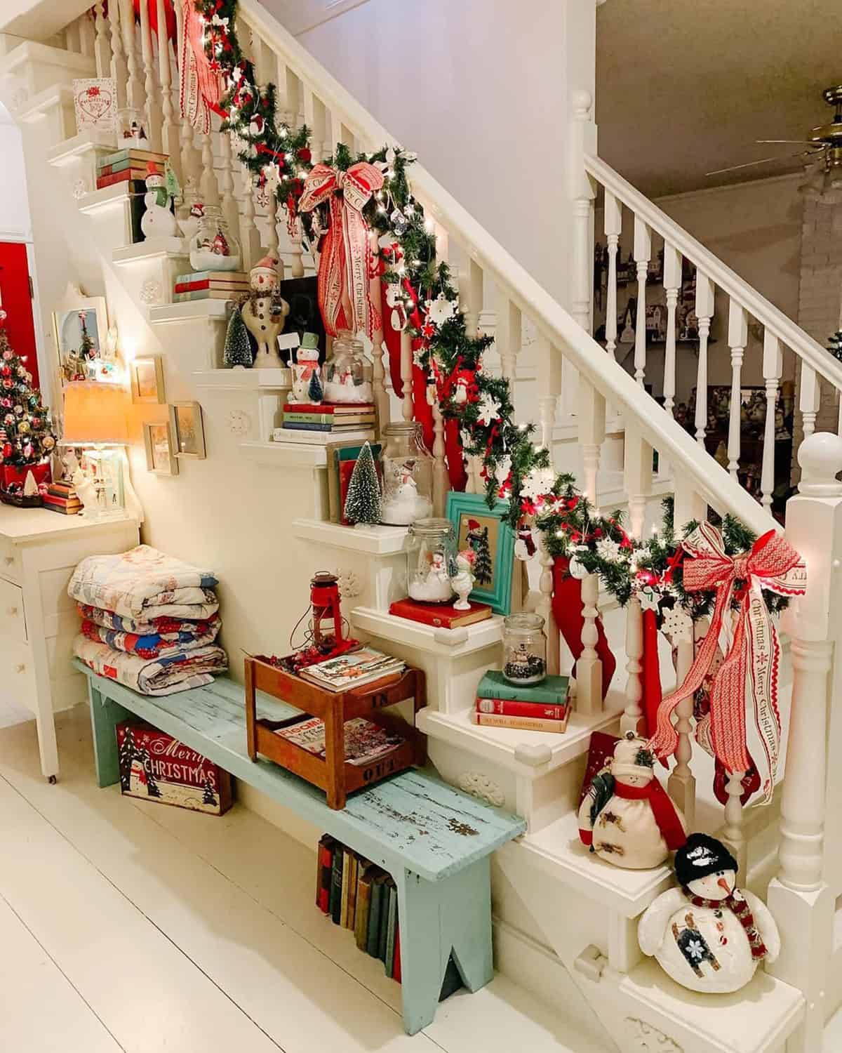 Eclectic Stair Display with Vintage Holiday Decor