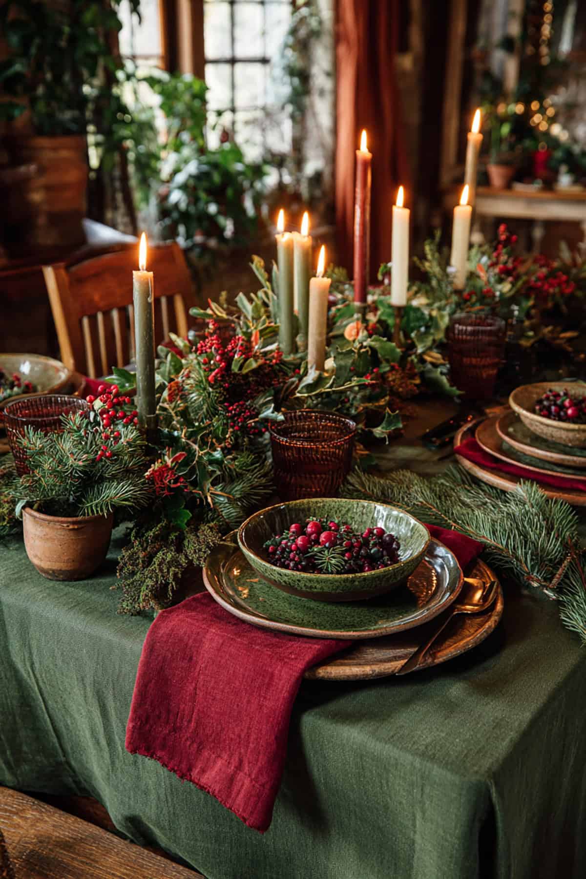 Forest Green and Berry Christmas Dining Table