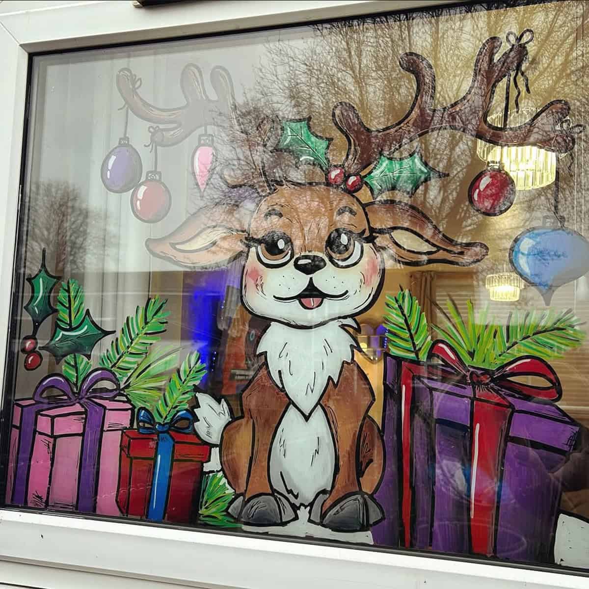 Gentle Reindeer and Gifts Below the Glass