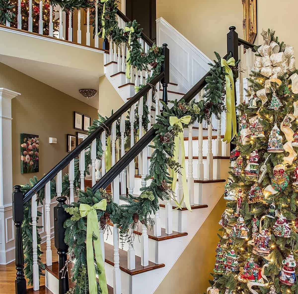 Green Ribbon Garland Beside a Classic Tree