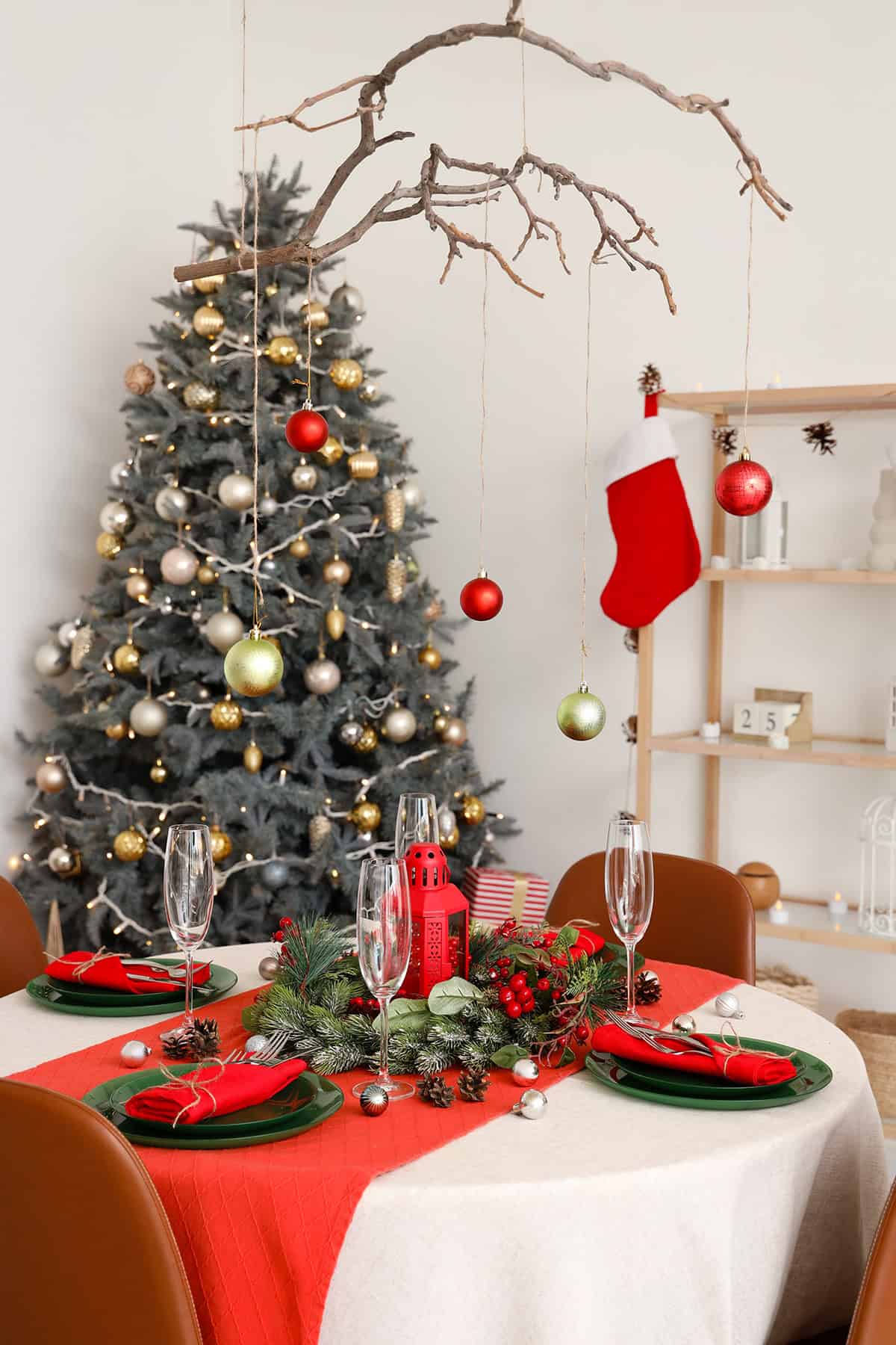 Hanging Ornaments and Red Accents