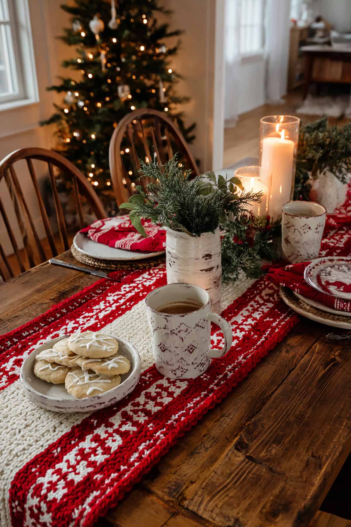 Nordic Knit Christmas Tablescape with Red Accents