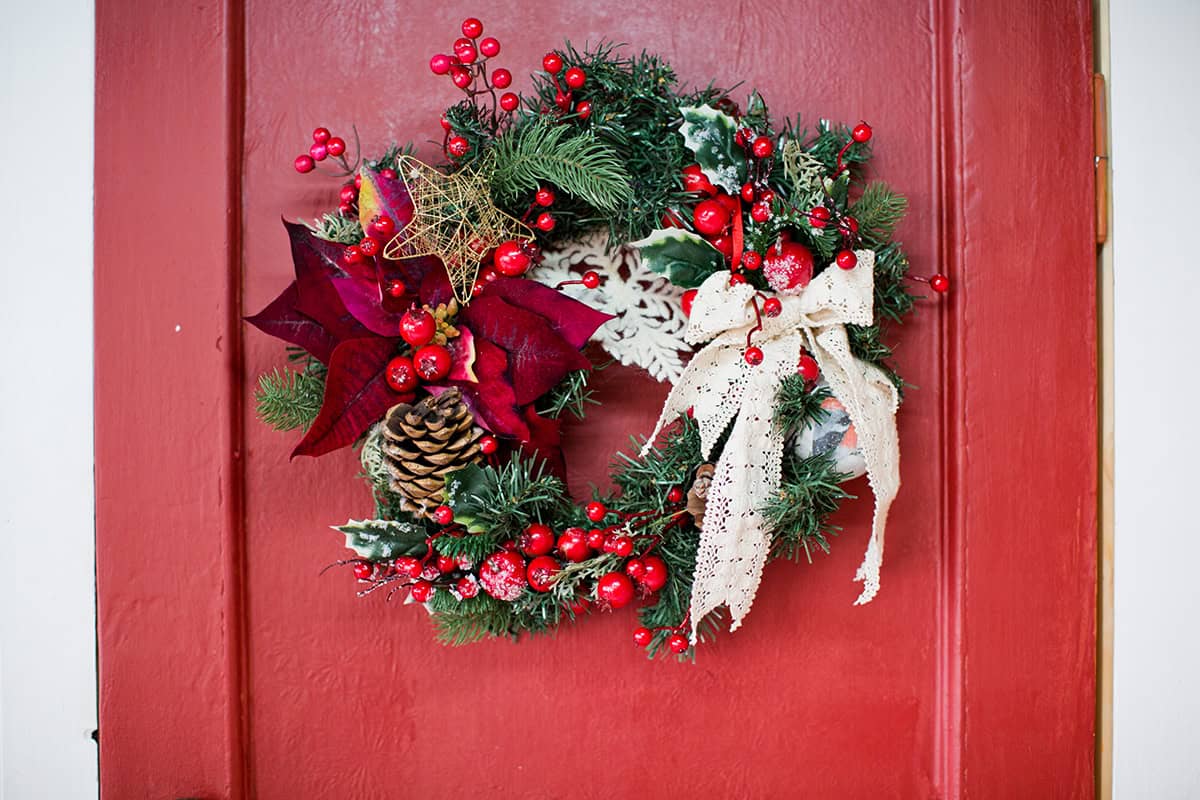 Red Door Wreath with Poinsettias
