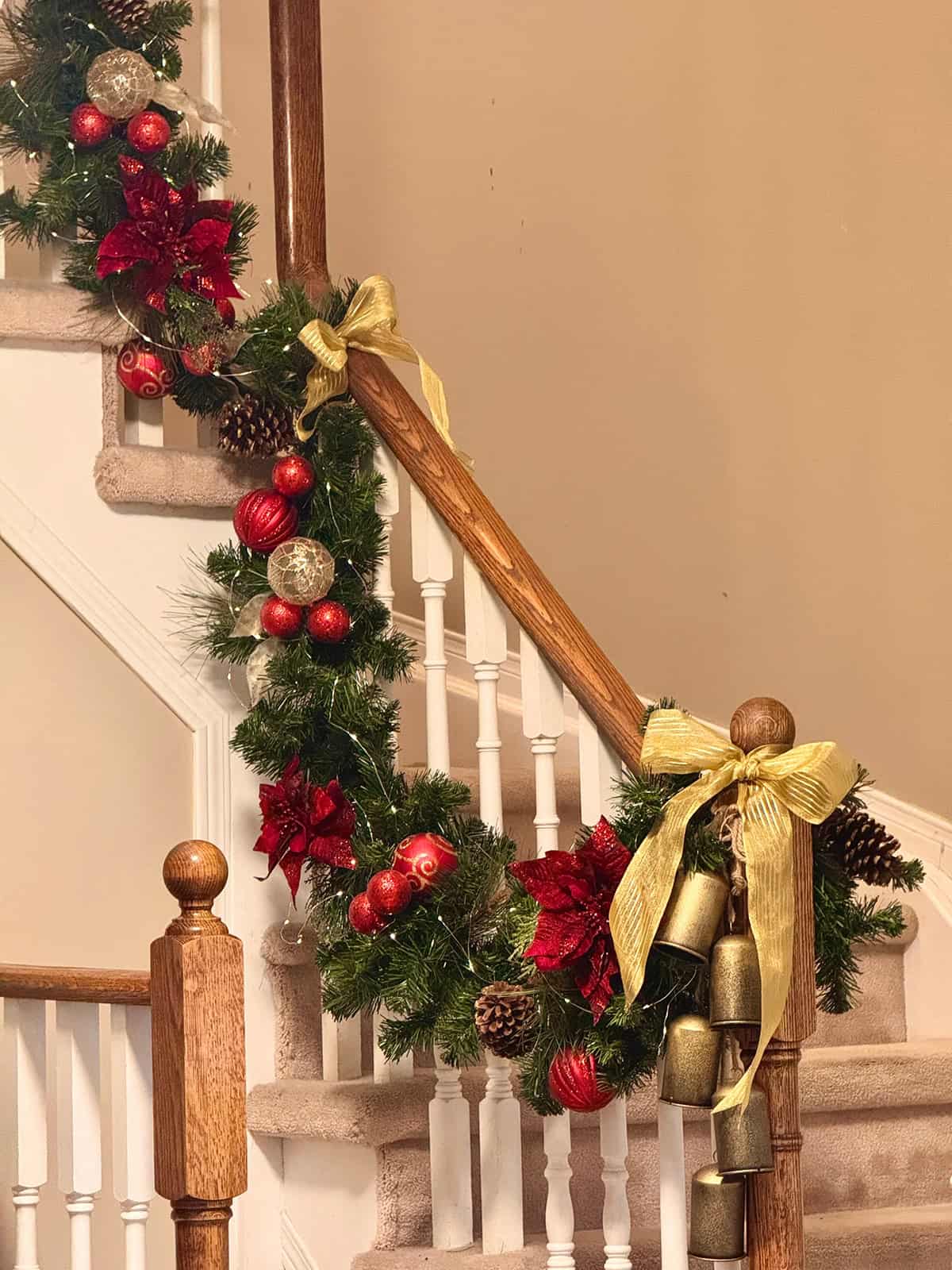 Red Ribbon and Gold Bell Christmas Staircase