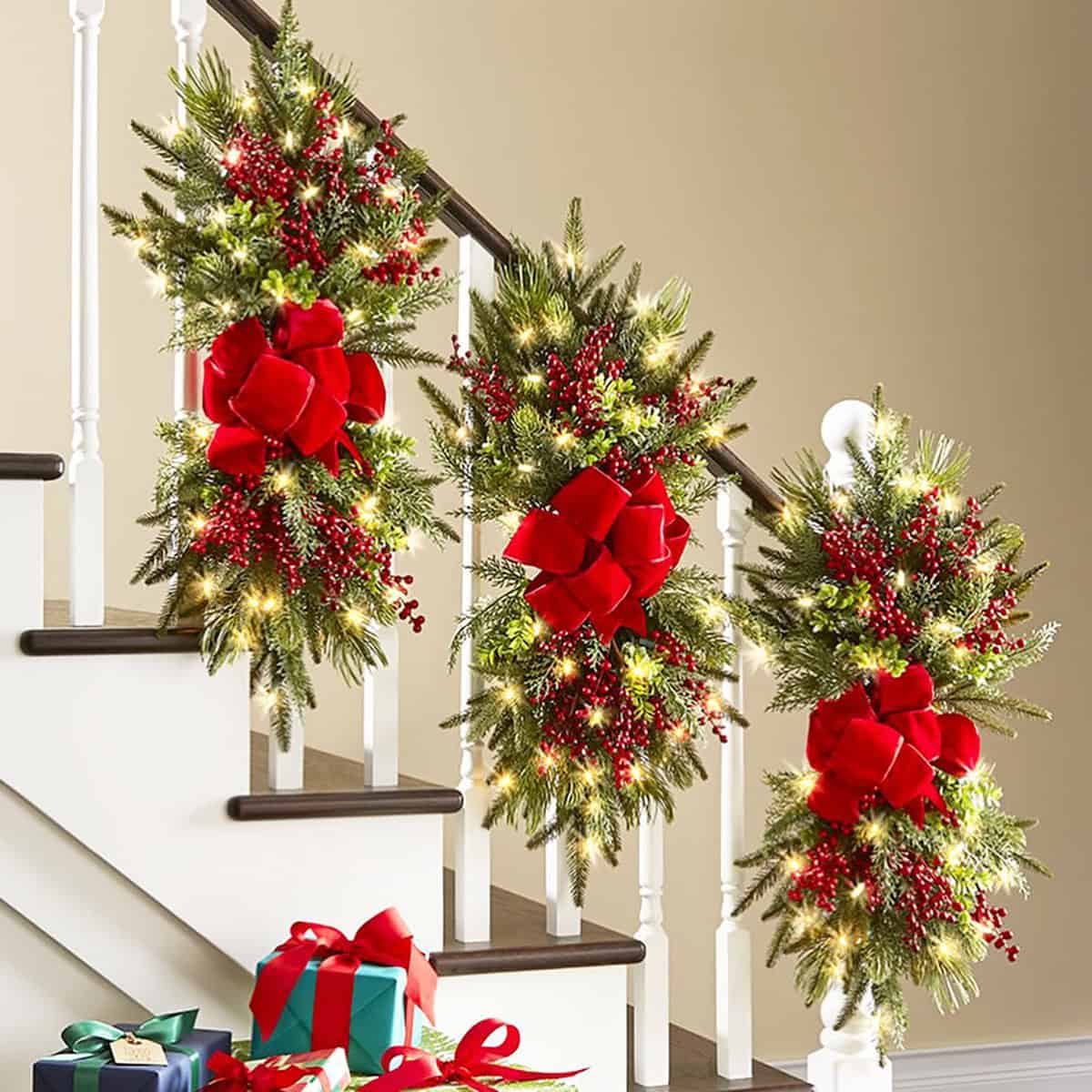 Red Velvet Bows on Evergreen Garland