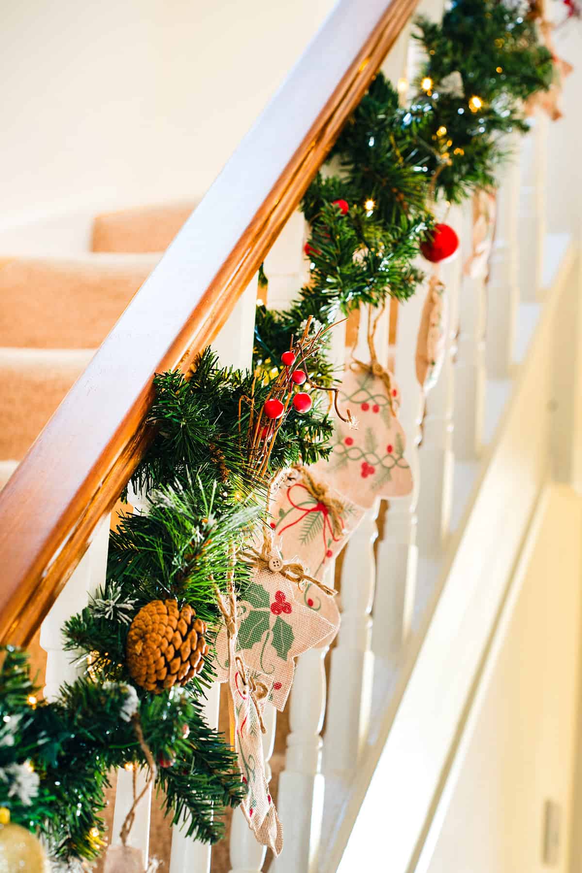 Rustic Christmas Staircase with Burlap Stars