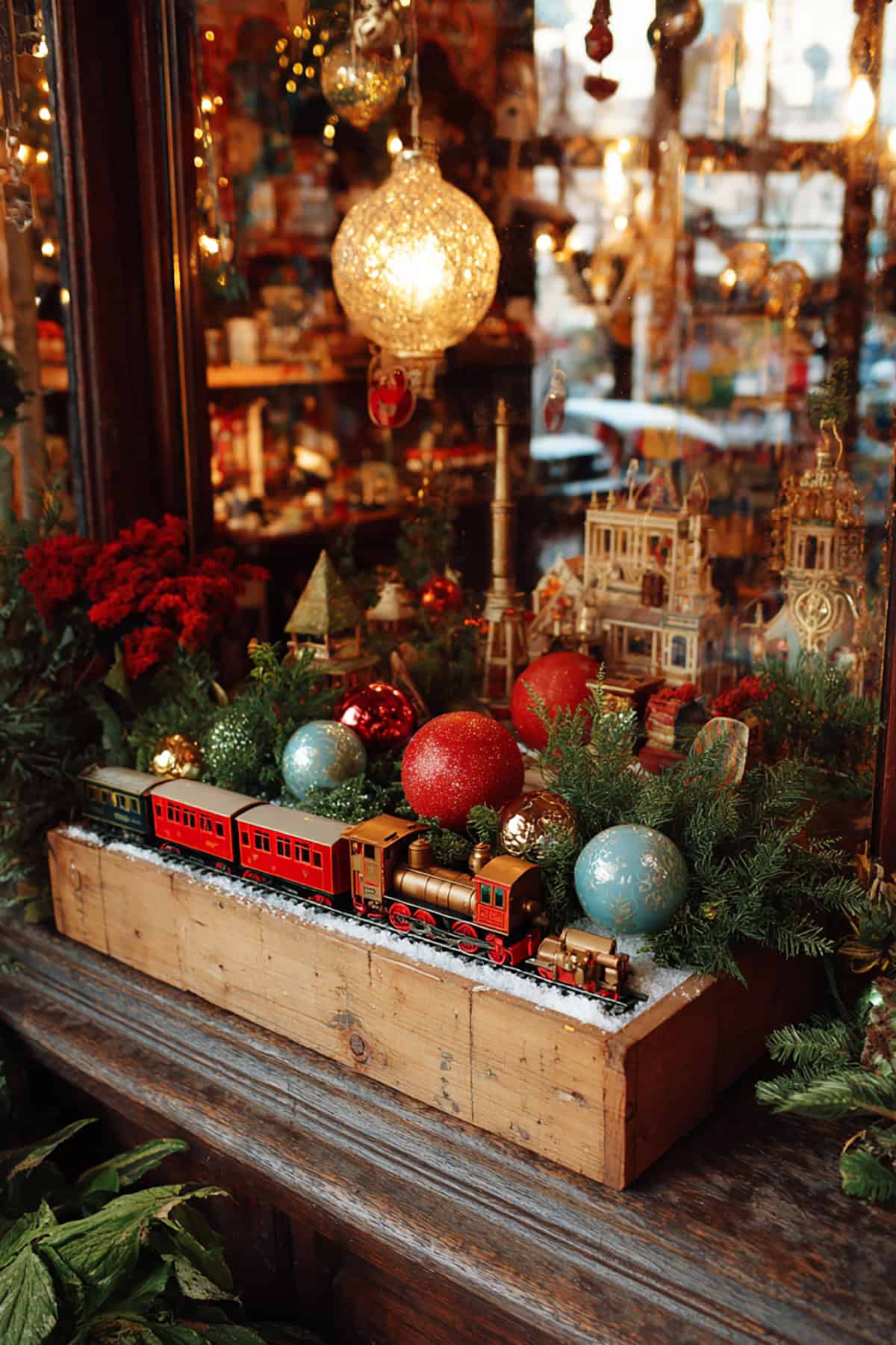 Vintage Train Display with Colorful Ornaments