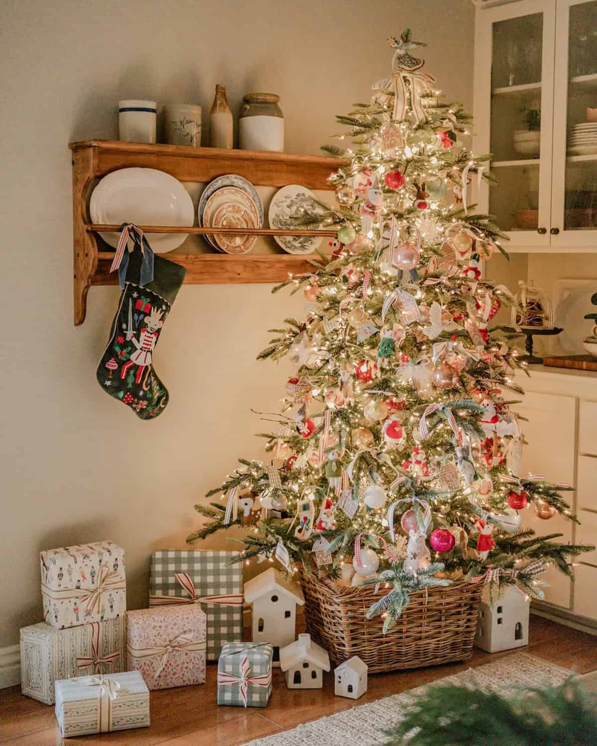 White Tree with Red Touches and Basket Base