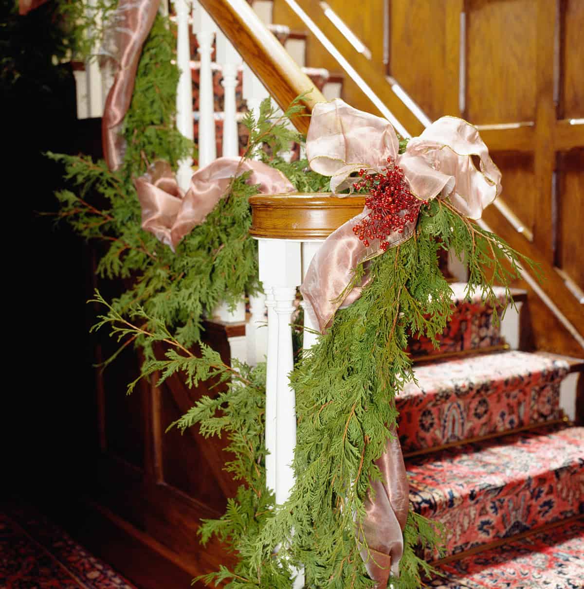 Wooden Staircase with Velvet Ribbon Christmas Garland