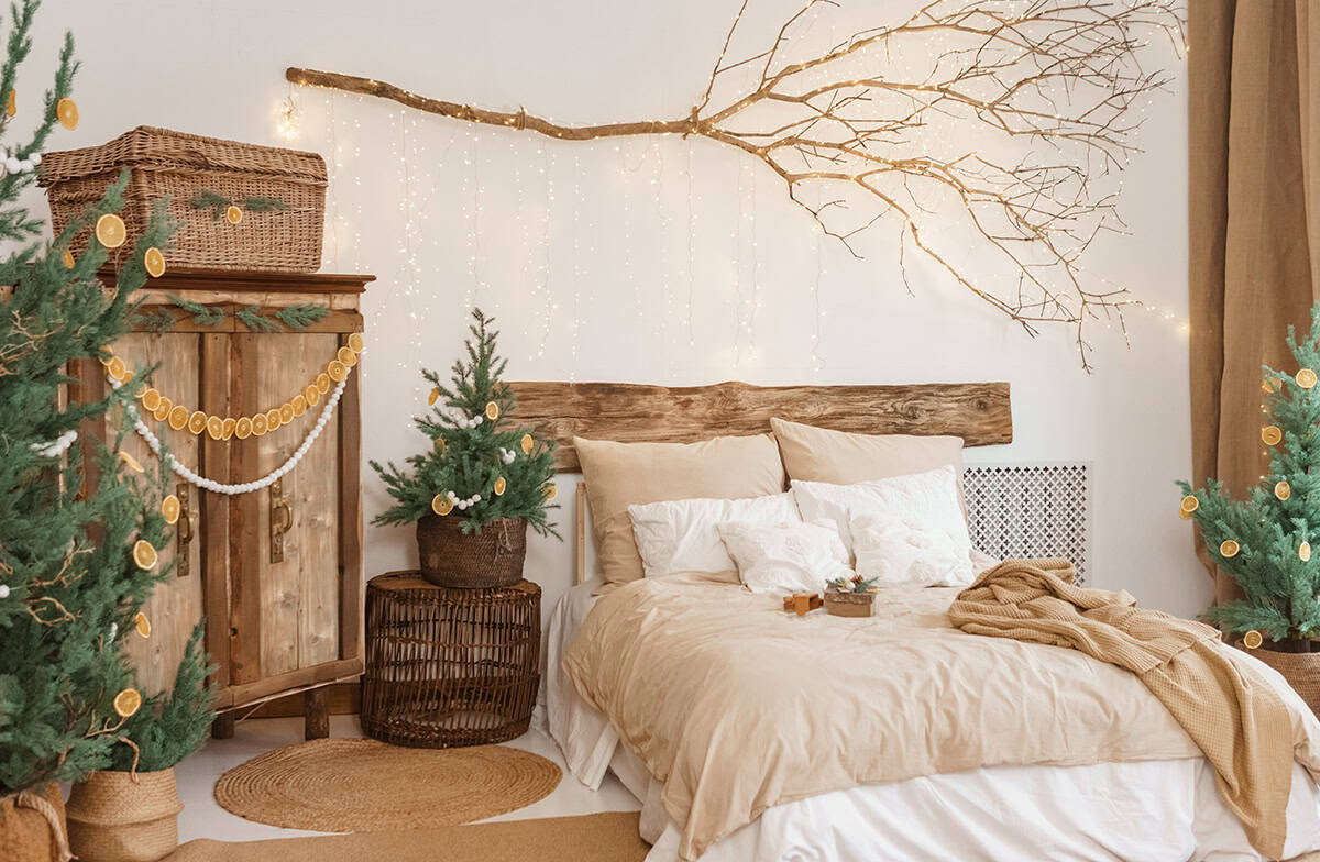 Bedroom Decor with Dried Orange Garlands and Woven Baskets