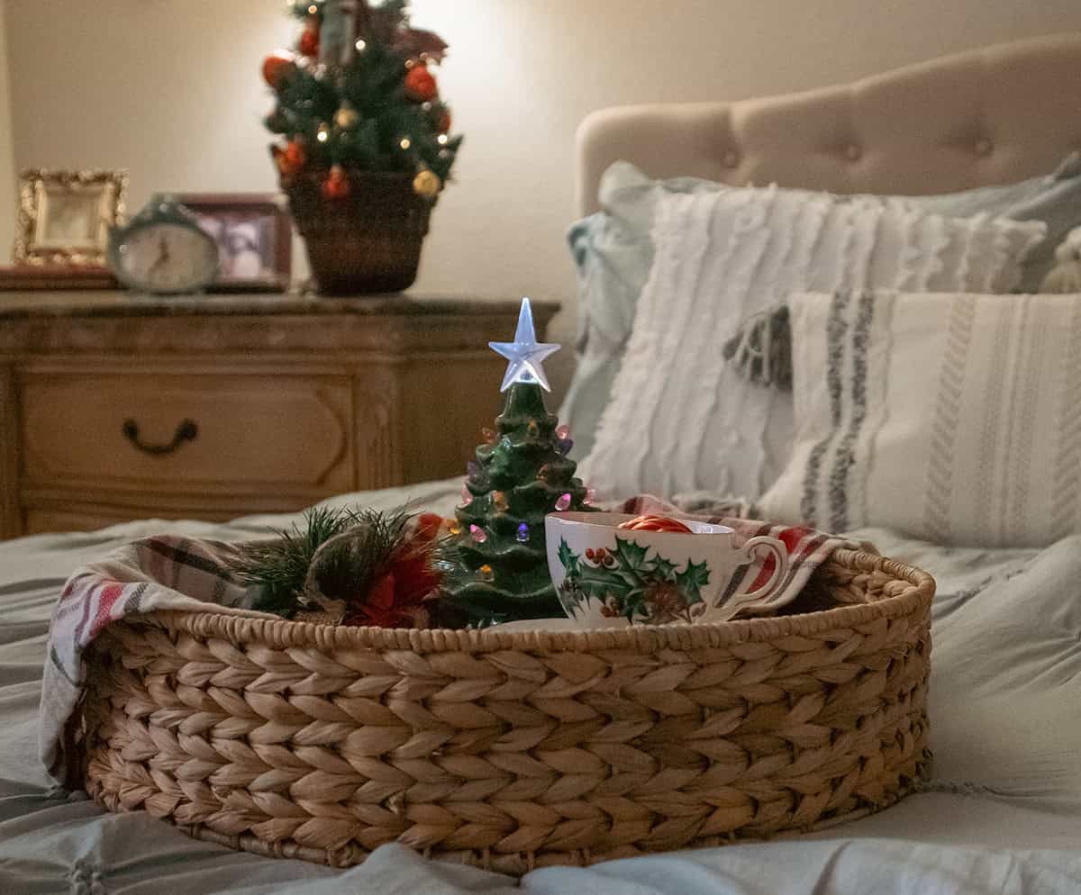 Bedside Christmas Tray with Mini Tree and Teacup