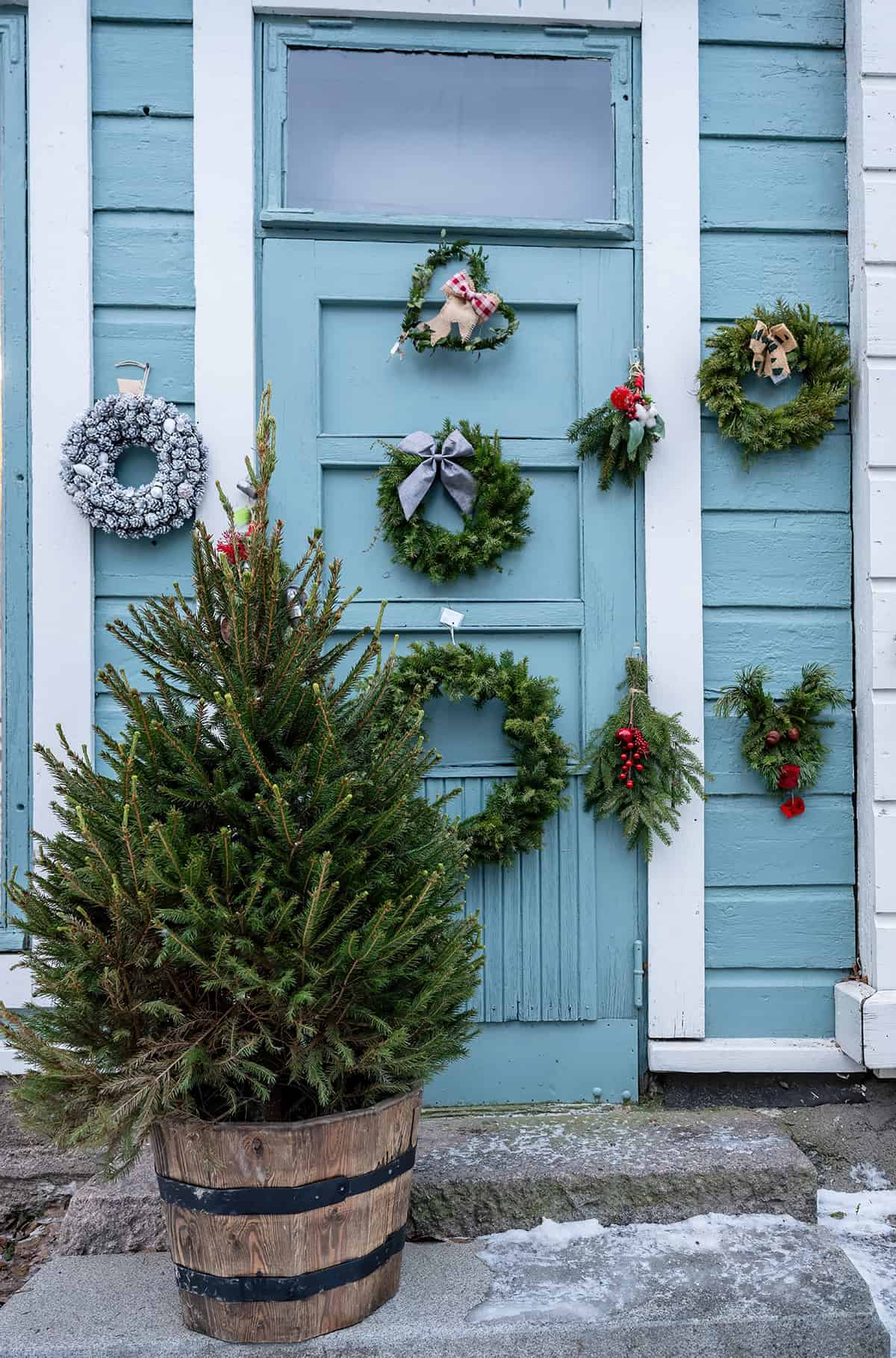 Blue Door With Fir Wreaths