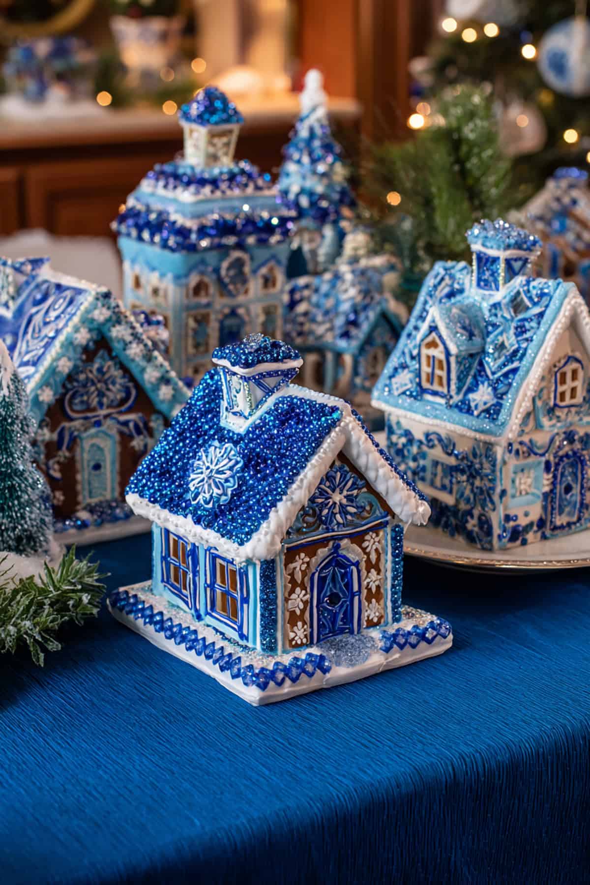 Blue & White Gingerbread House Display