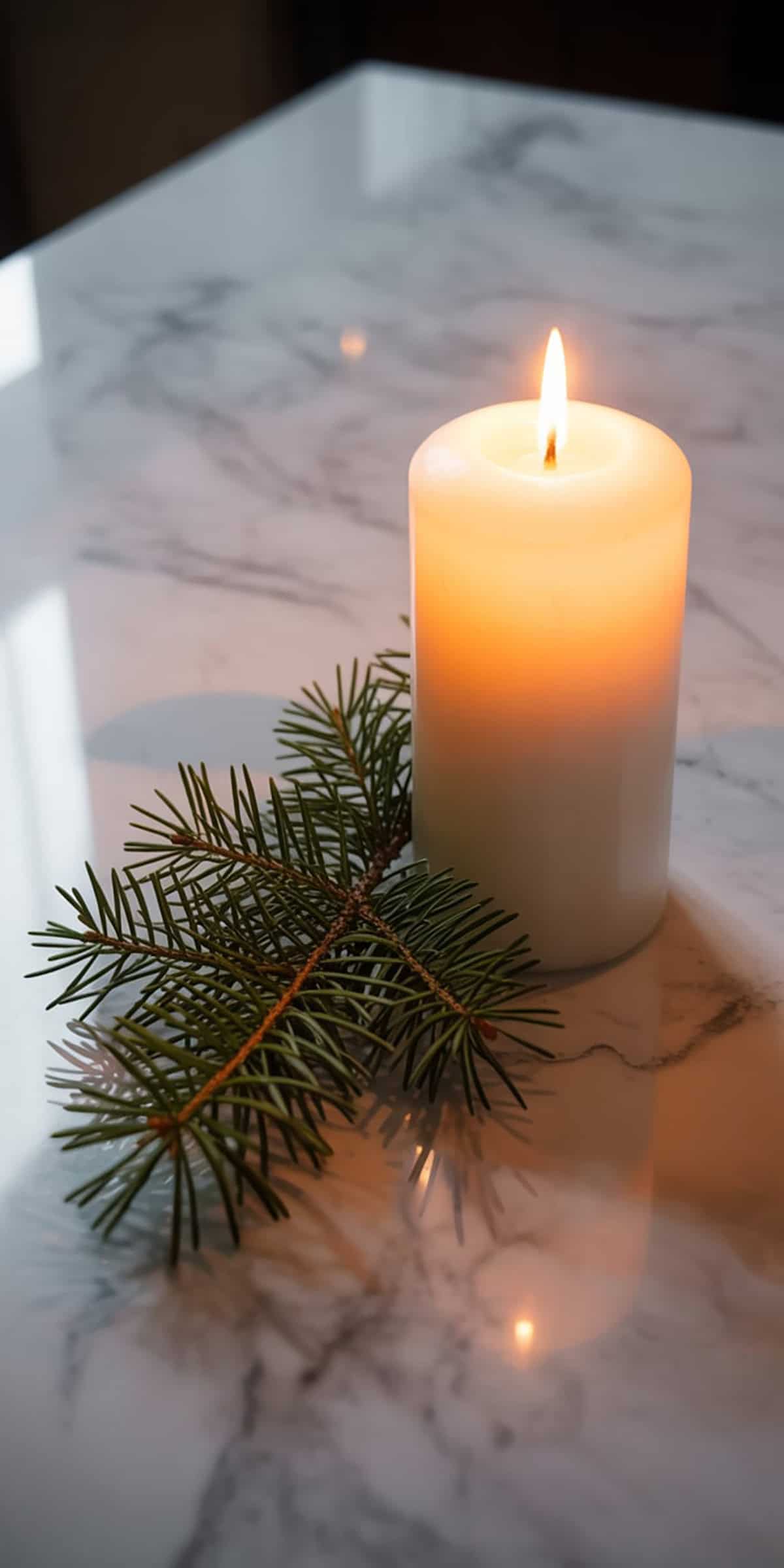 Candle Beside Pine Branch
