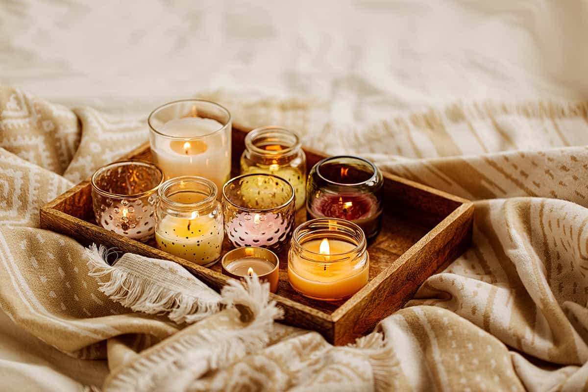 Candle Tray with Mixed Glass Holders on Cozy Bedding