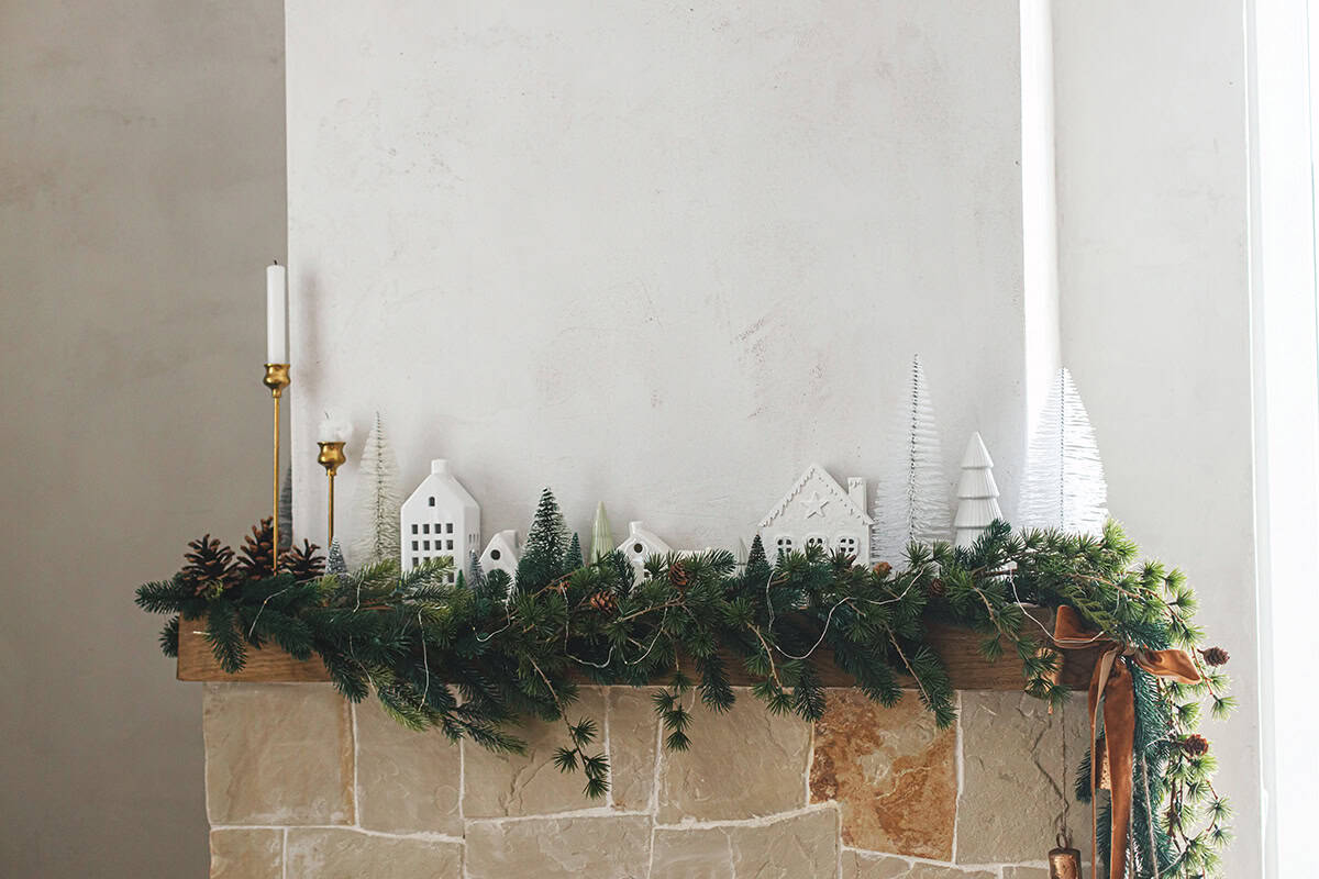Ceramic Mantel Houses with Fir and Brass