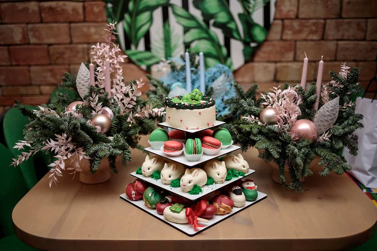 Dessert Tower Tray with Christmas Pastries and Greenery