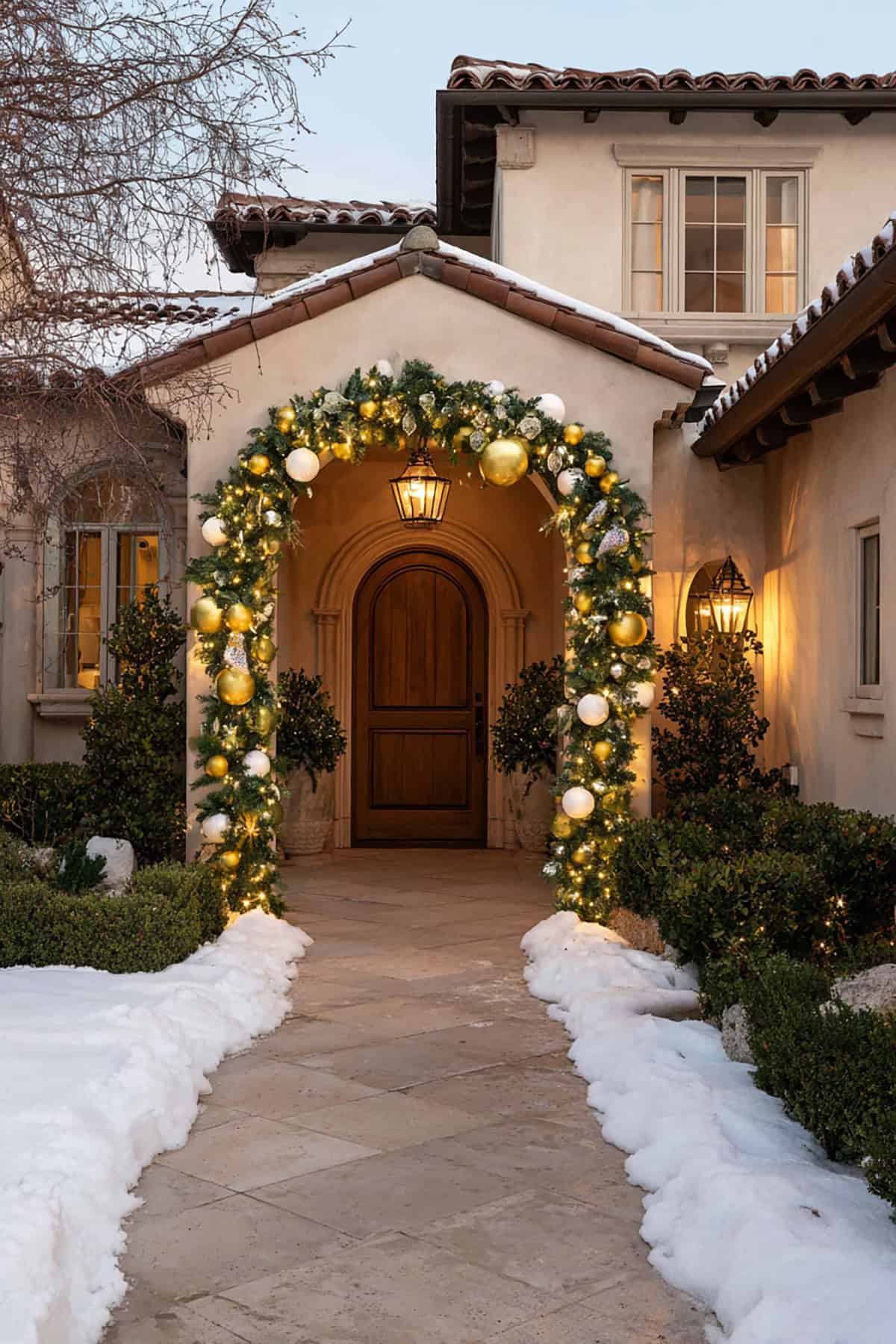 Evergreen Archway with Warm Lights