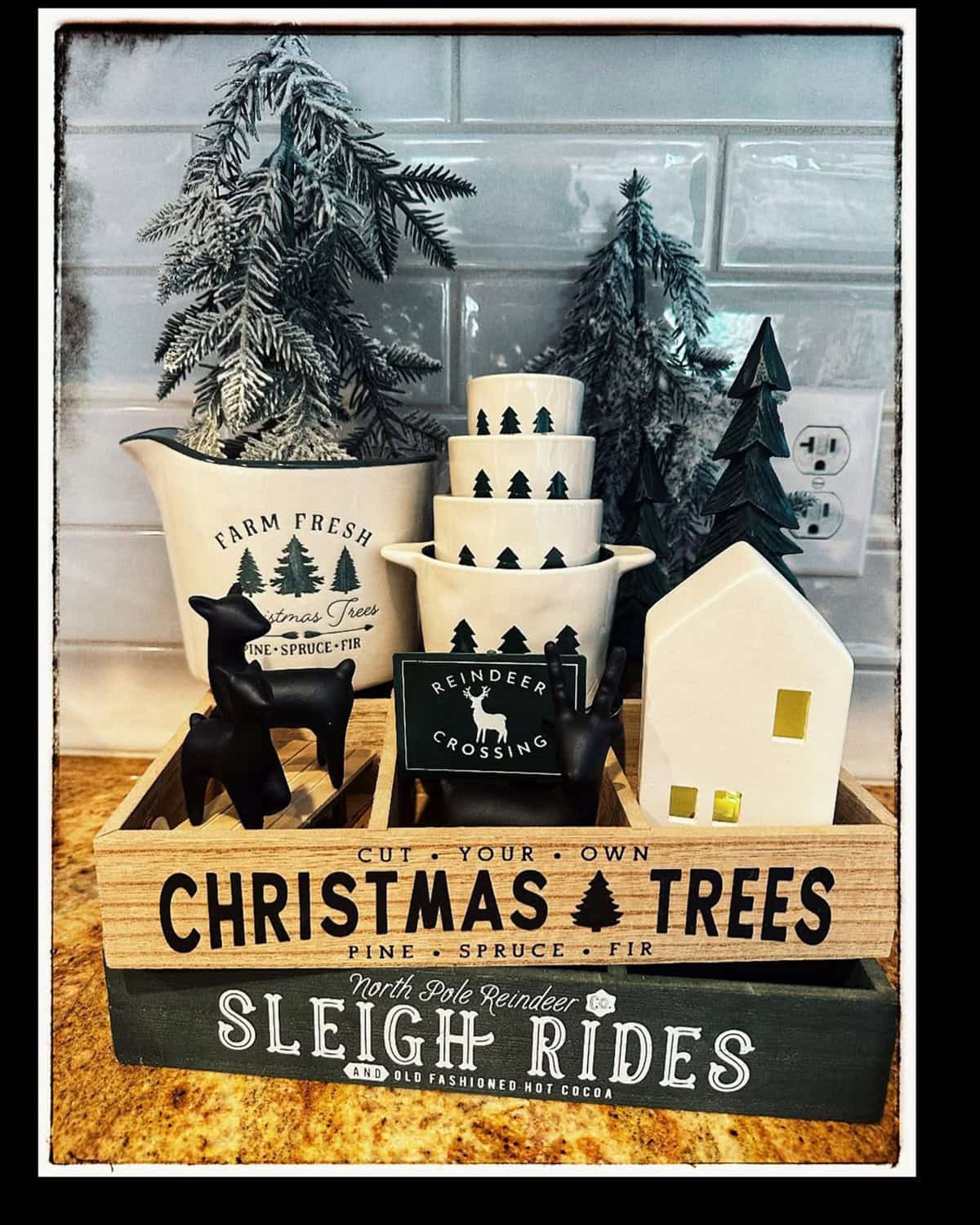 Farmhouse Christmas Crate Display with Tree Motifs and Reindeer