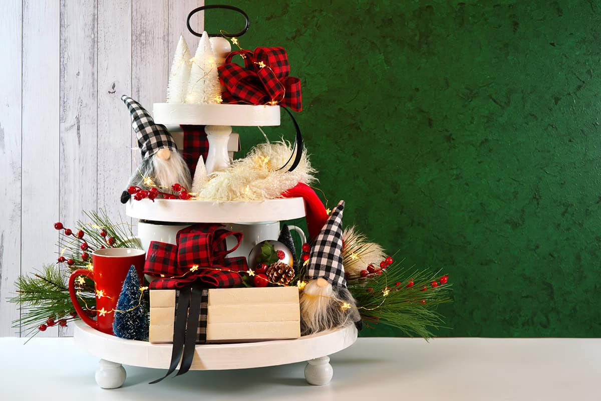 Farmhouse Tiered Tray with Gnomes and Holiday Ribbons