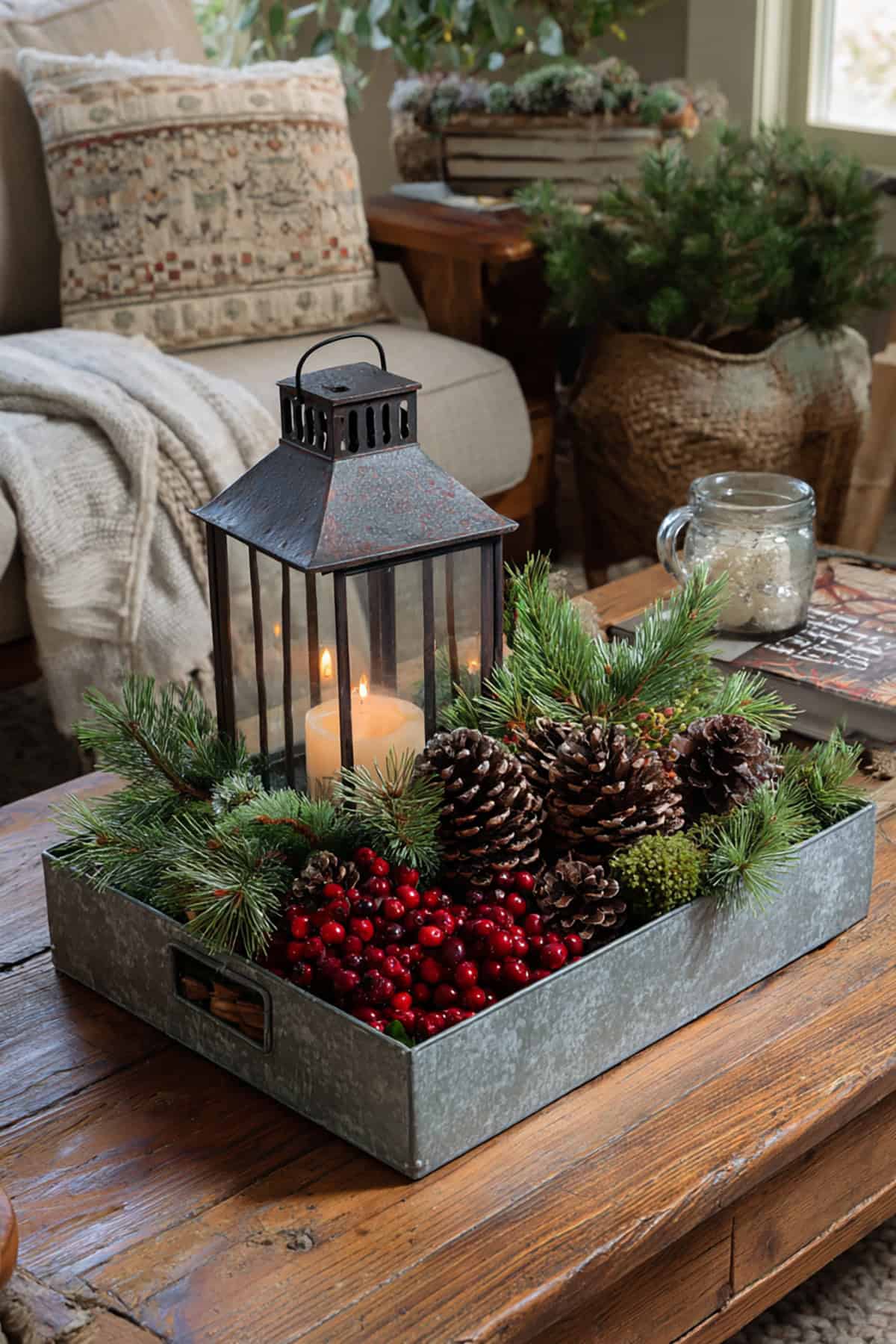 Farmhouse Tray with Lantern and Greenery