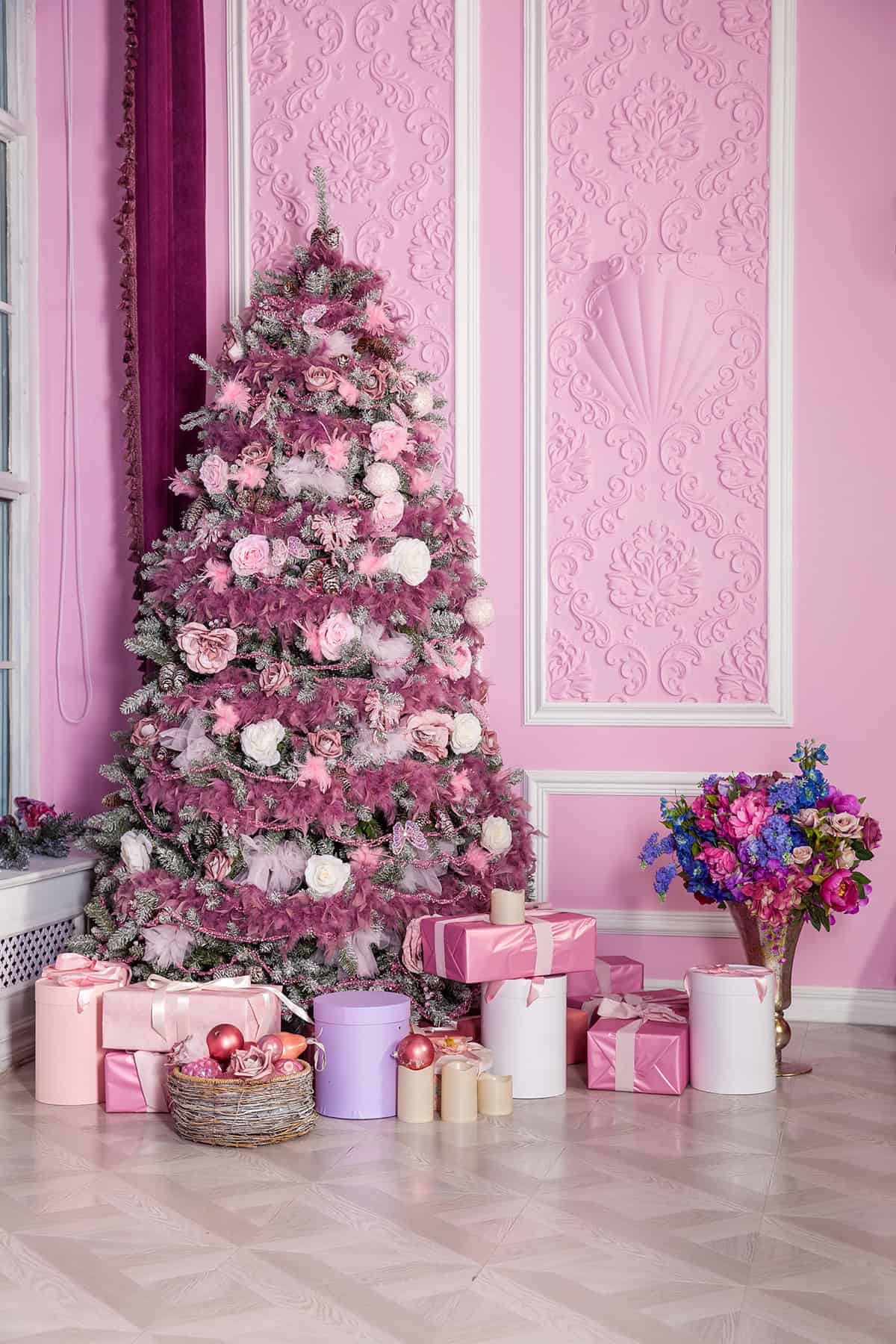 Feathered Pink Tree Against Ornate Walls