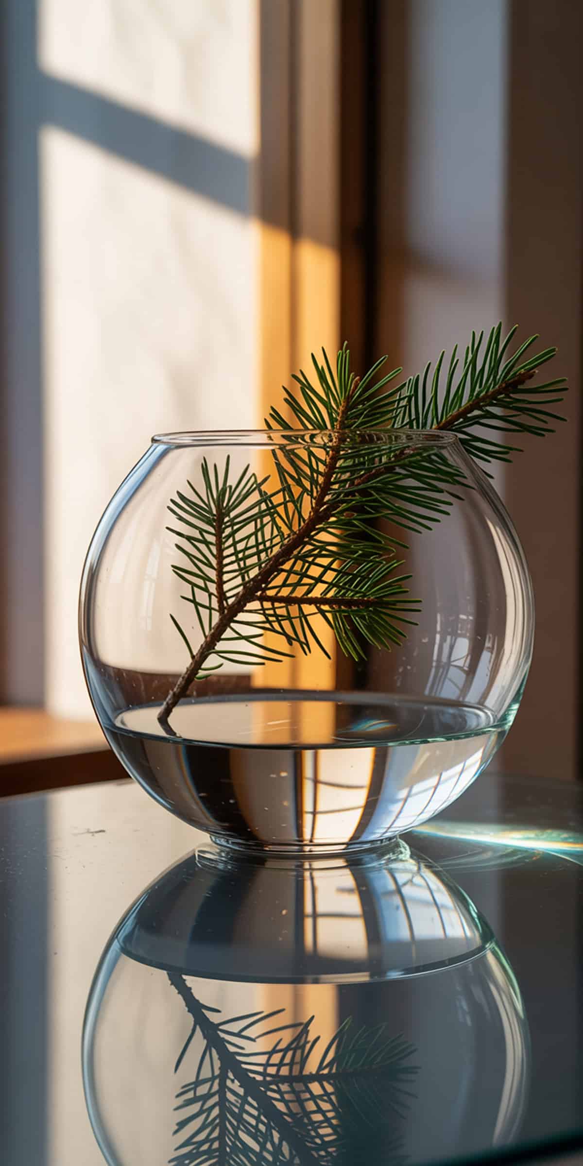 Fir Branch Reflected on Glass