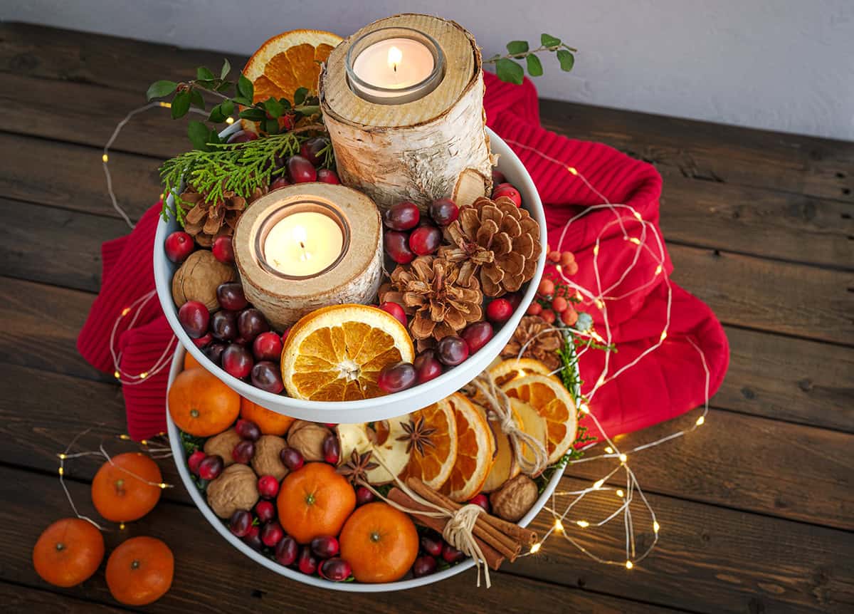 Fruit and Candle Tray with Citrus and Cranberries