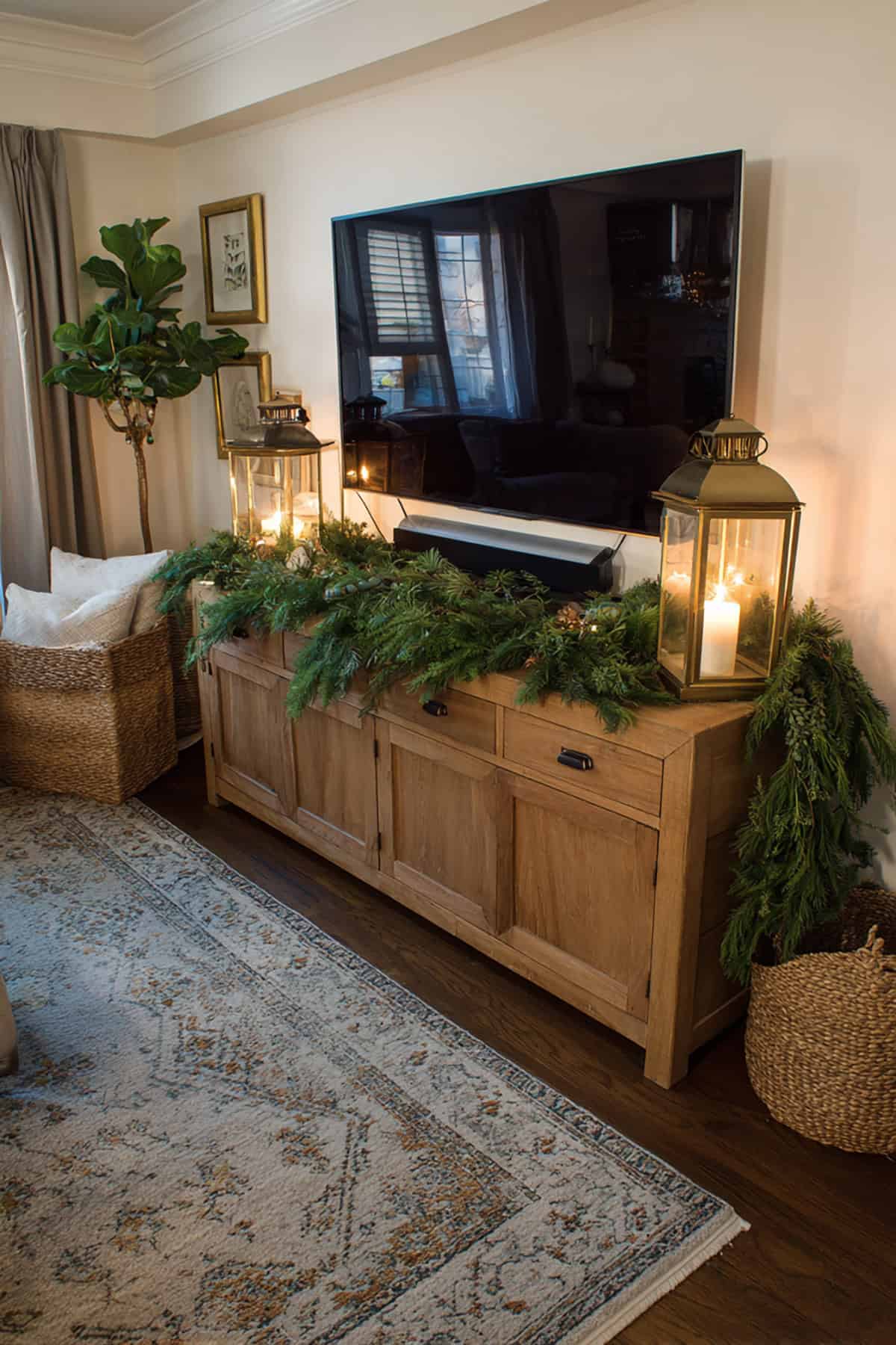 Garland Wrapped Around a TV Console