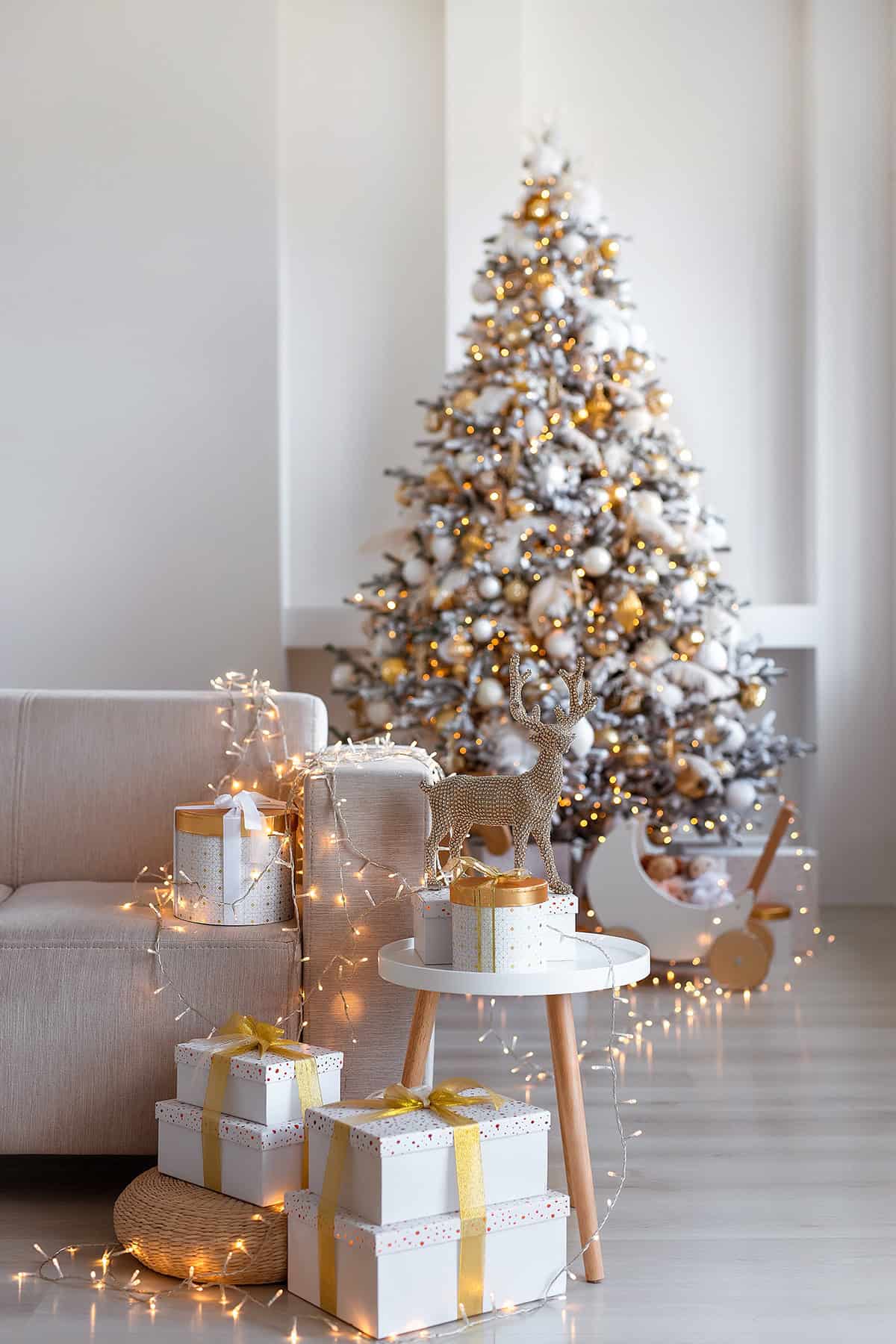 Gift Topped Table Beside a Frosted Tree