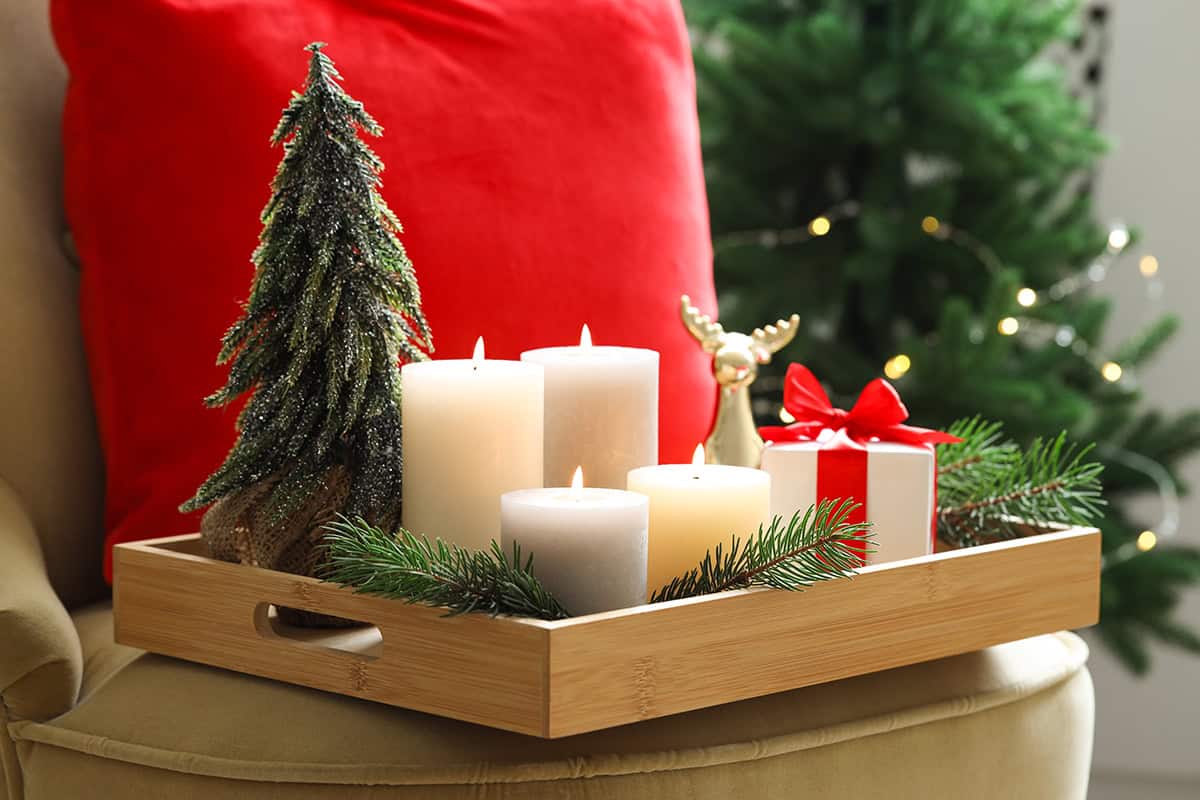 Gold Reindeer Tray with Green and White Accents