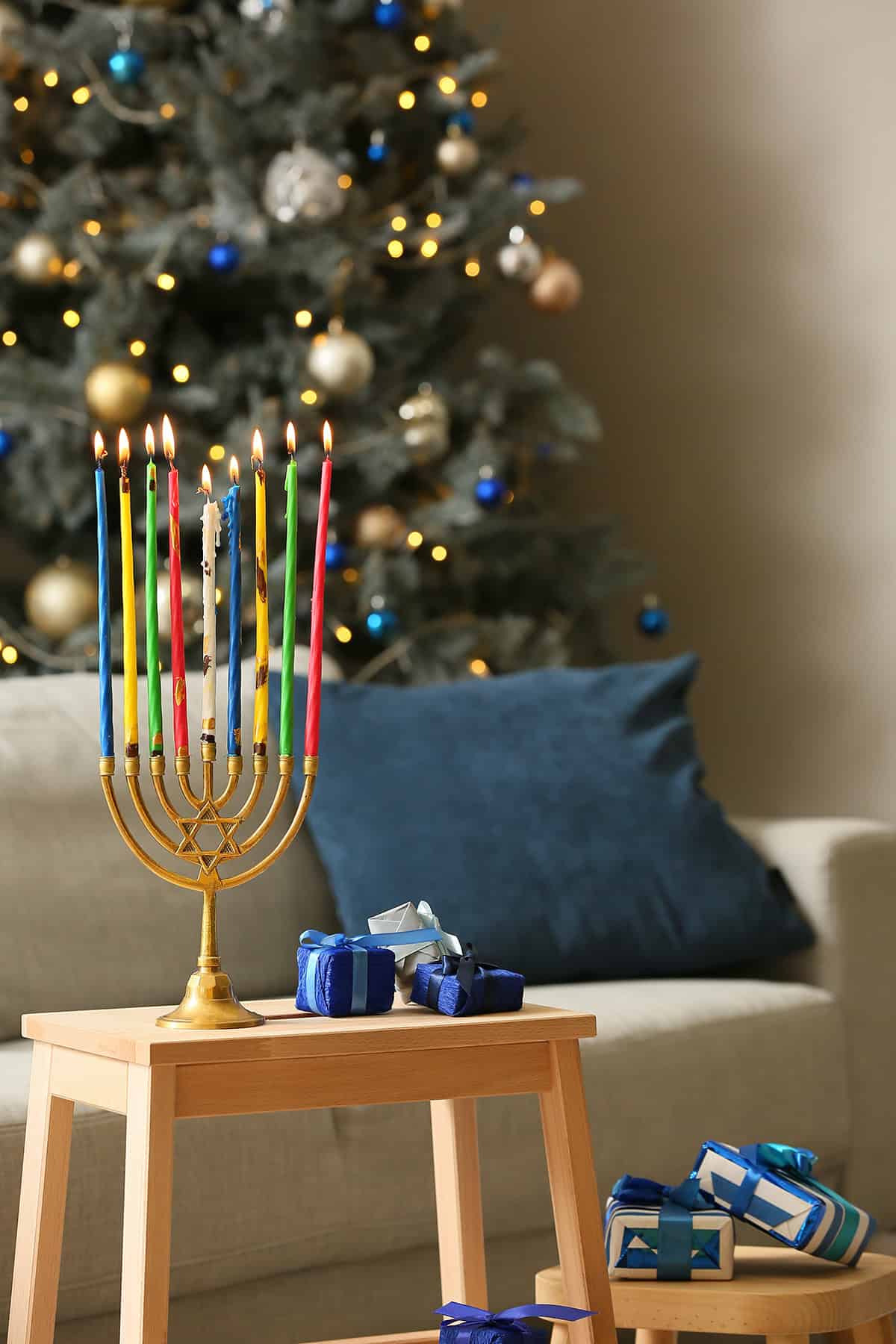 Hanukkah Table Beside the Tree