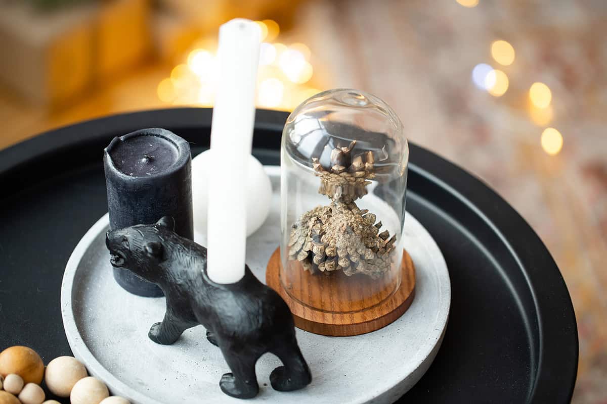 Modern Black and White Tray with Candles and Pinecones