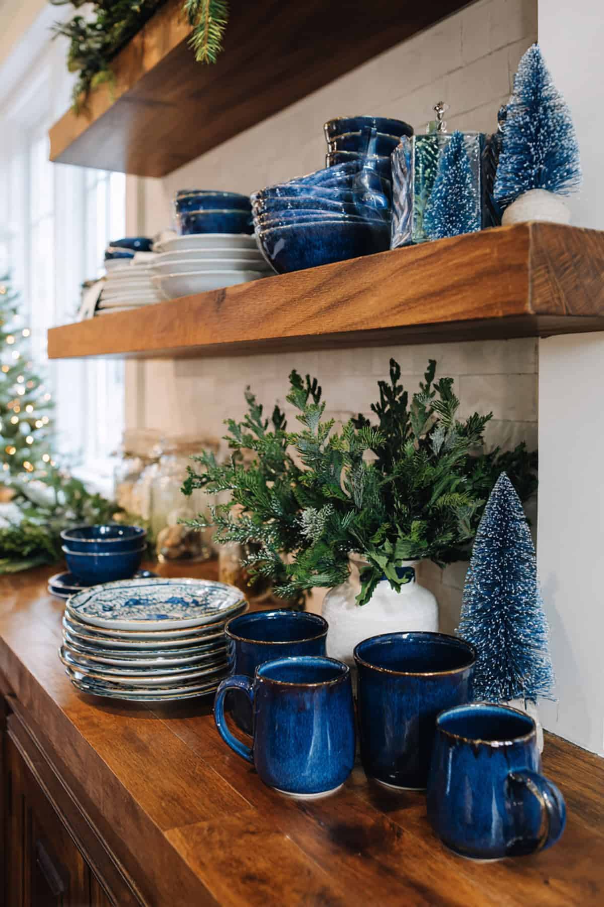 Navy Blue Christmas Kitchen Shelves