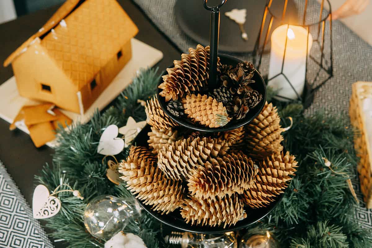 Pinecone Tiered Tray Beside a Gingerbread House
