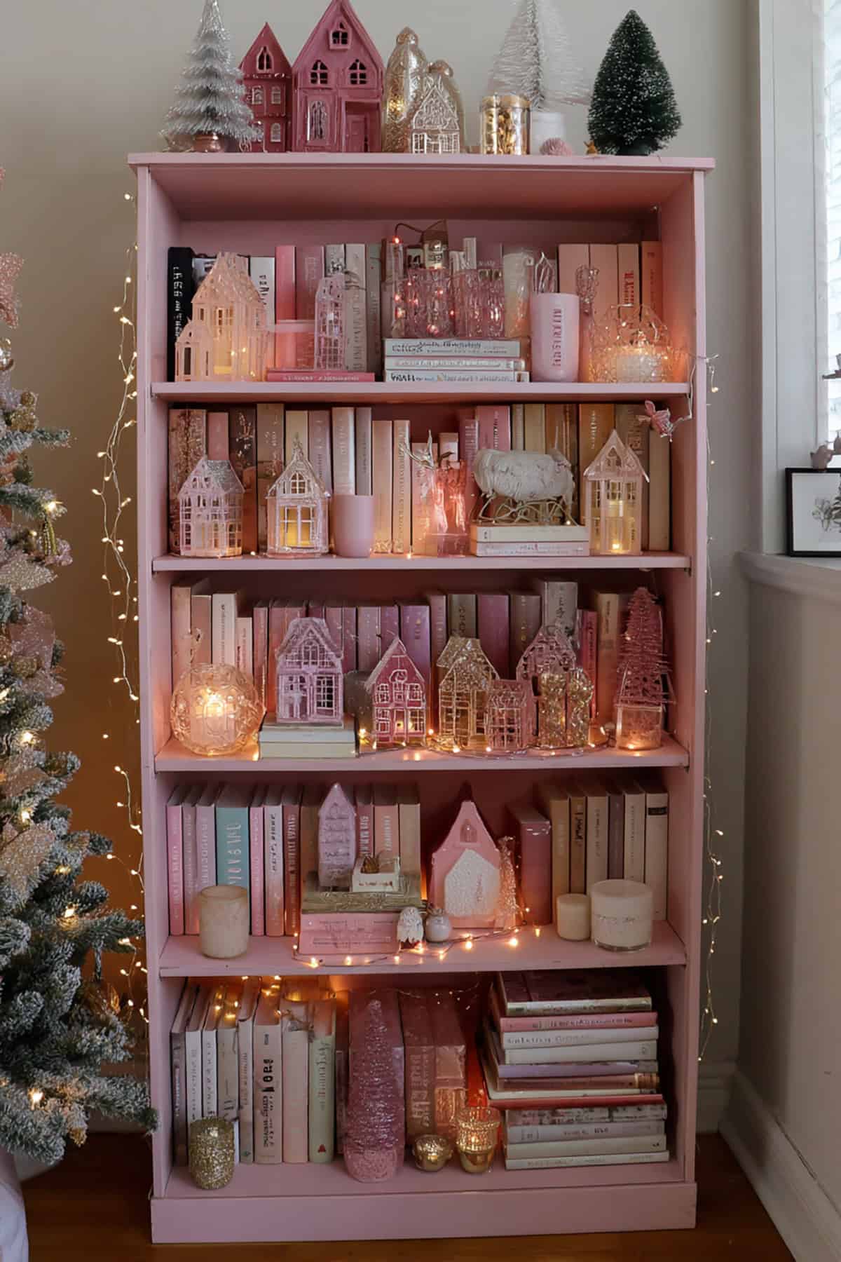 Pink Christmas Bookshelf Styling