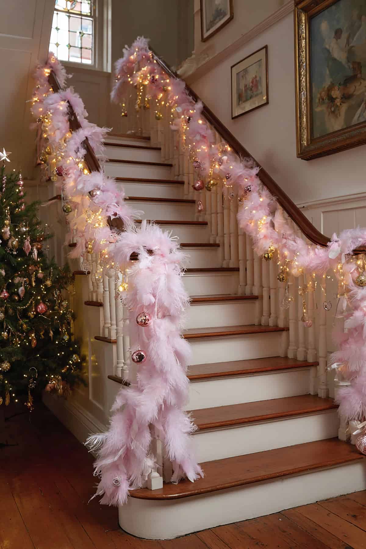 Pink Feather Garland Staircase